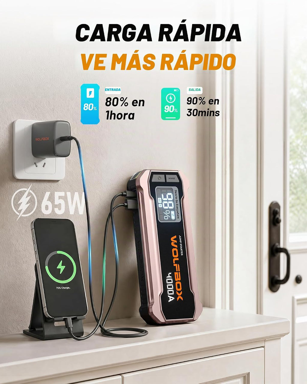 WOLFBOX Arrancador de 4000 A, batería de coche rosa de 12 V portáti...