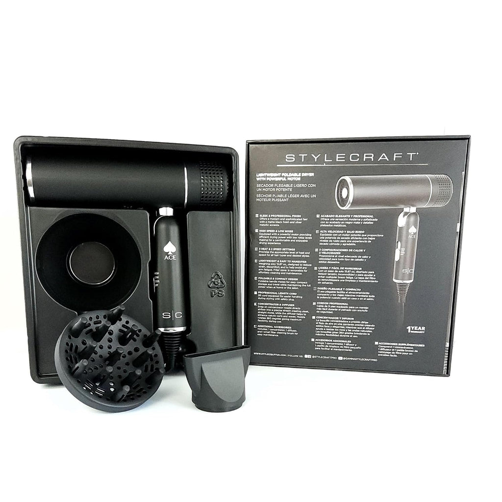 StyleCraft Secador de pelo ligero plegable Ace con potente motor co...