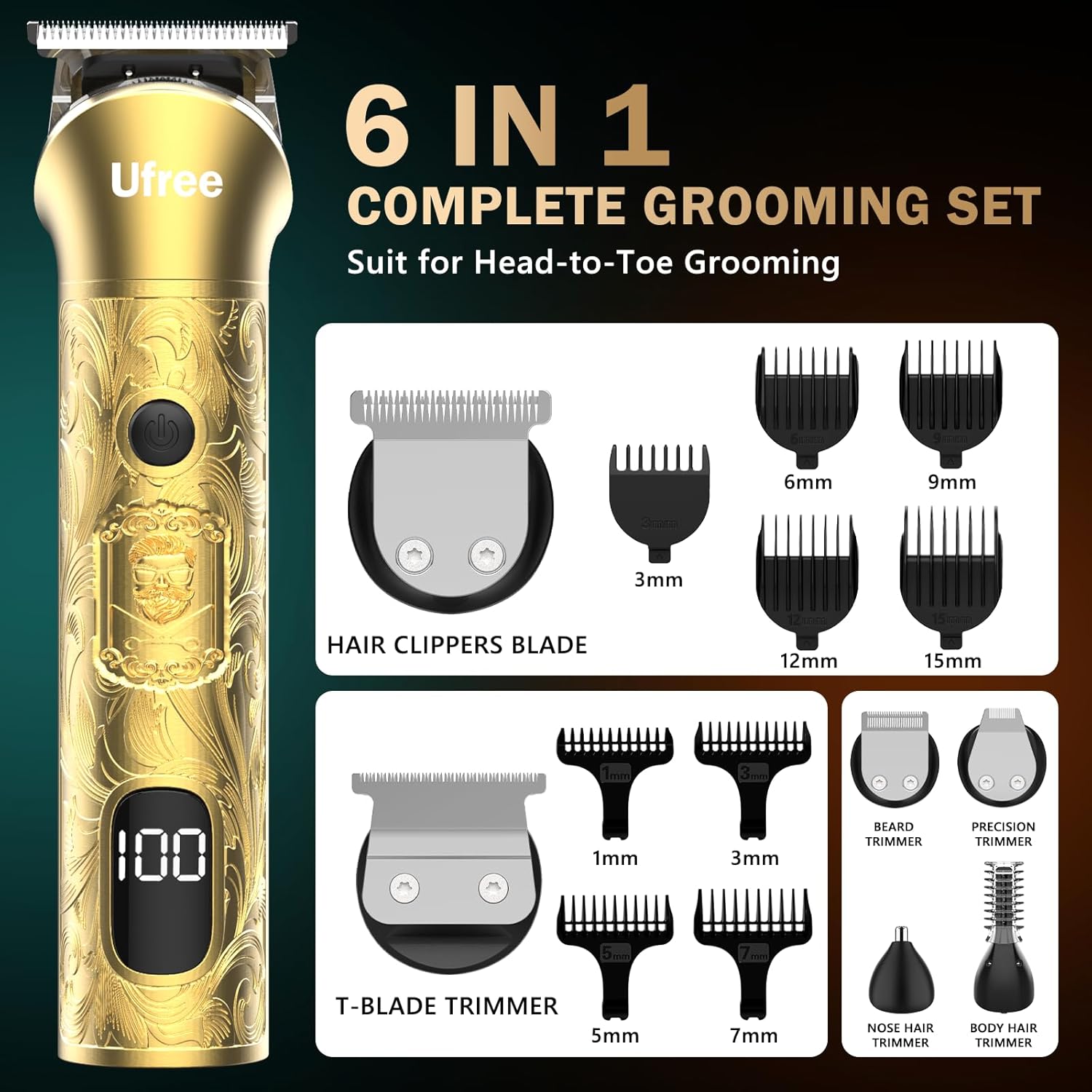 Ufree Kit de corte de cabello profesional 8 en 1, cortapelos para h...