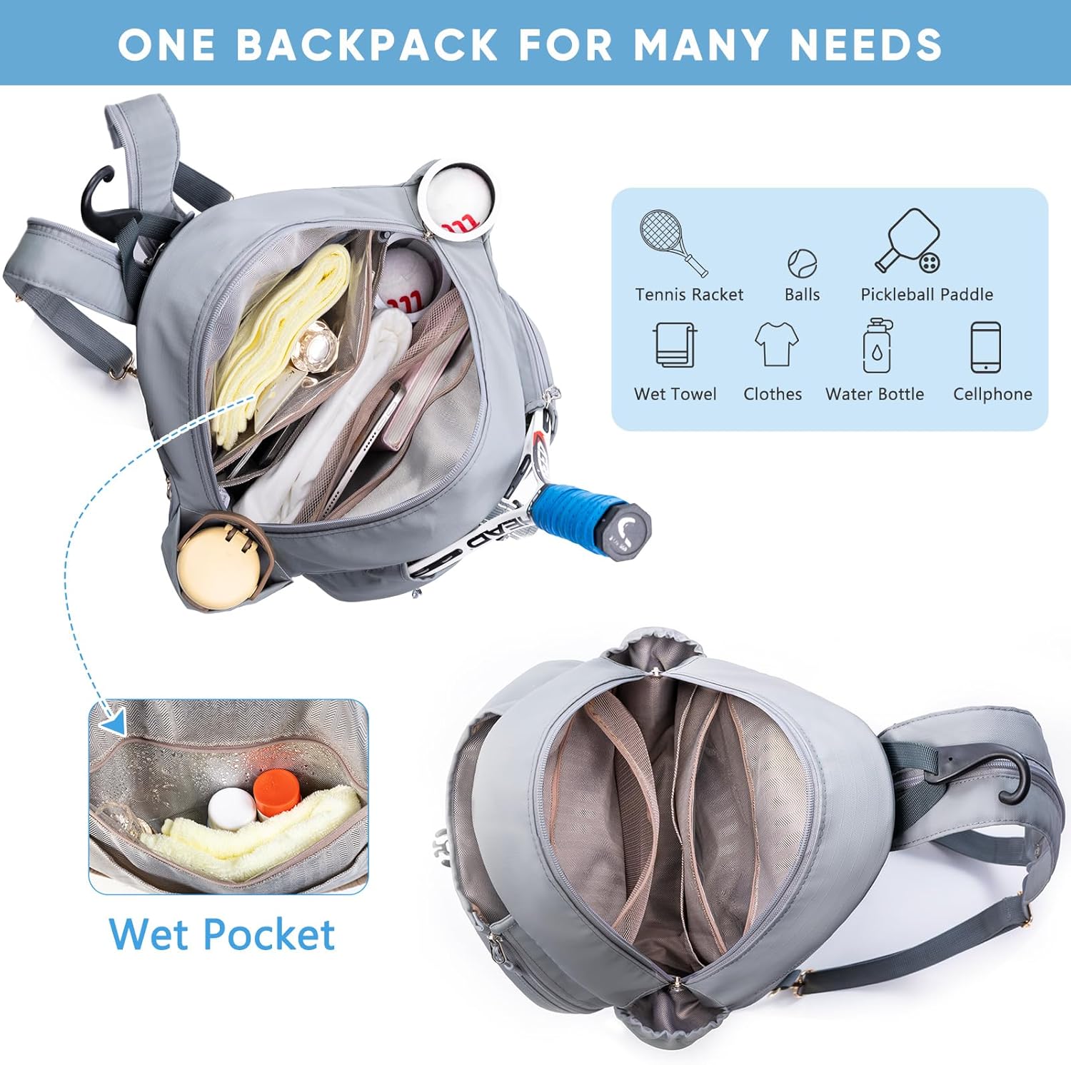 SPORJET Mochila de Tenis con Soporte para 2 Raquetas, Bolsa de Raqu...