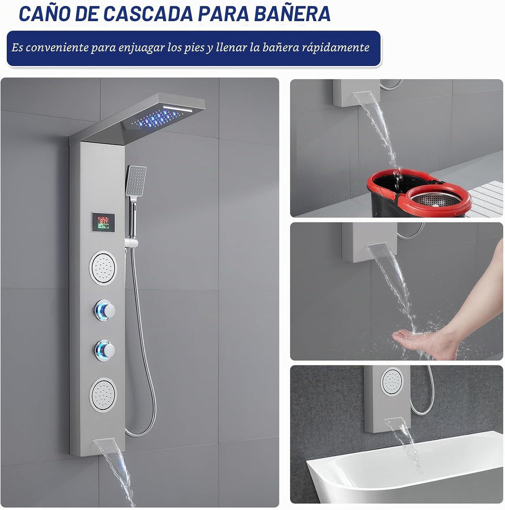 ROVATE Panel de ducha de cascada LED 5 en 1 con acabado cepillado |...