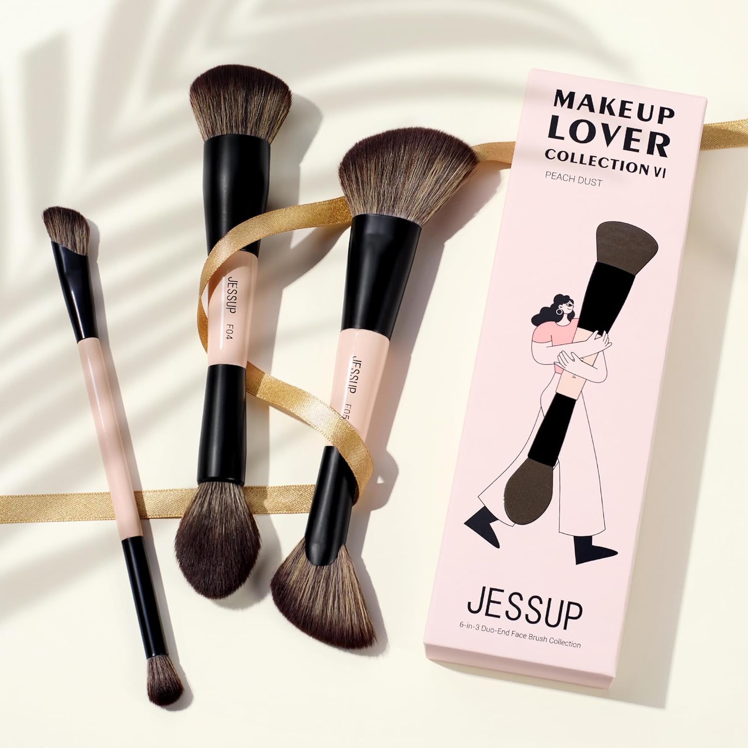 Jessup Juego de brochas de maquillaje facial de 3 piezas con doble...