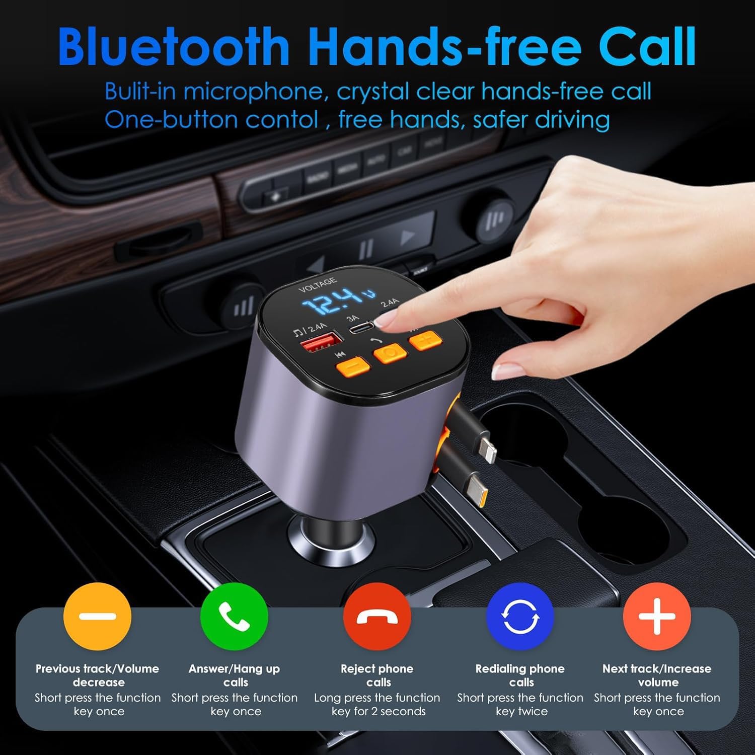 Cargador retráctil para coche, cargador de teléfono rápido 5 en 1 d...