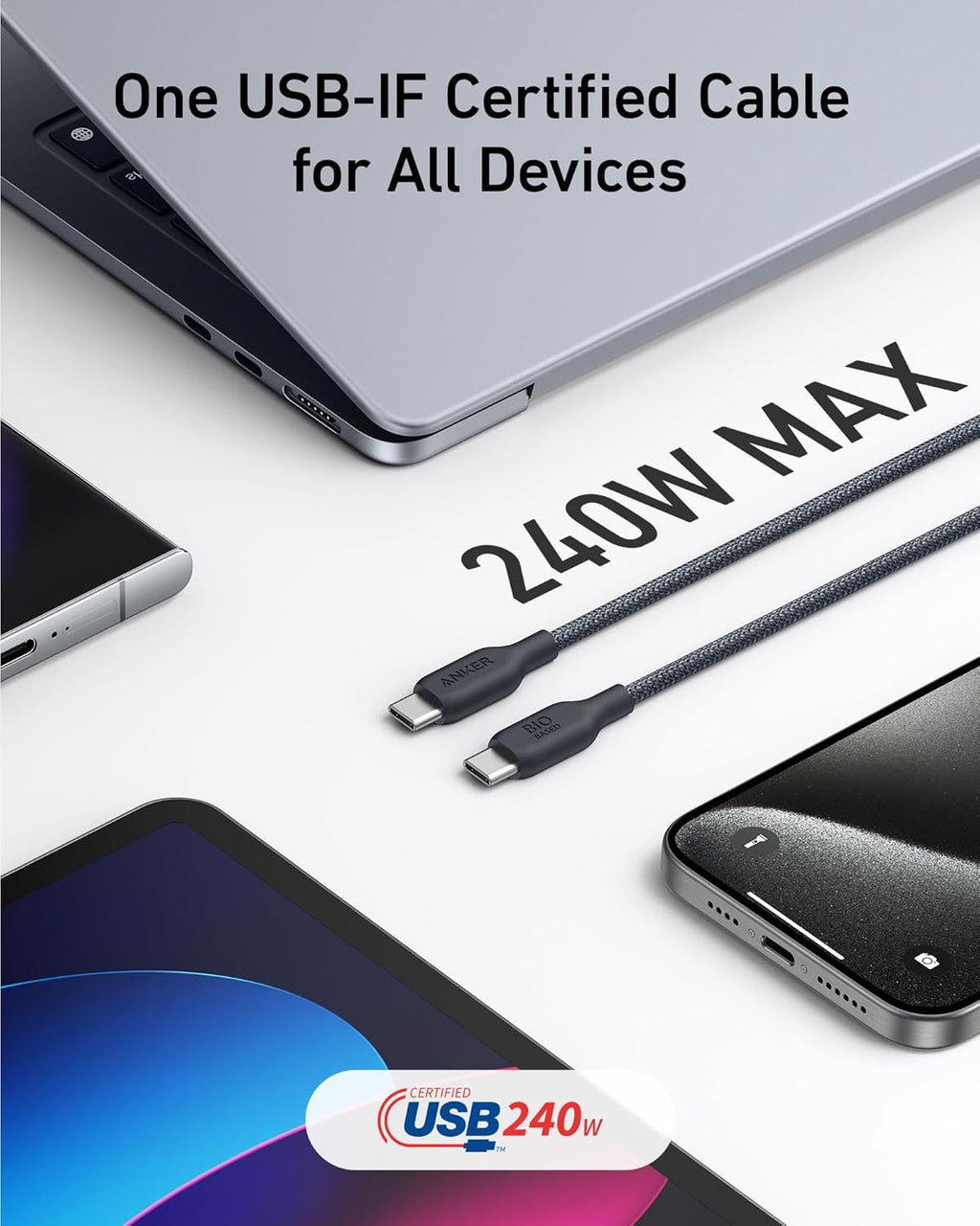 Anker Cable USB C, cable de carga rápida tipo C bio-trenzado de 240...