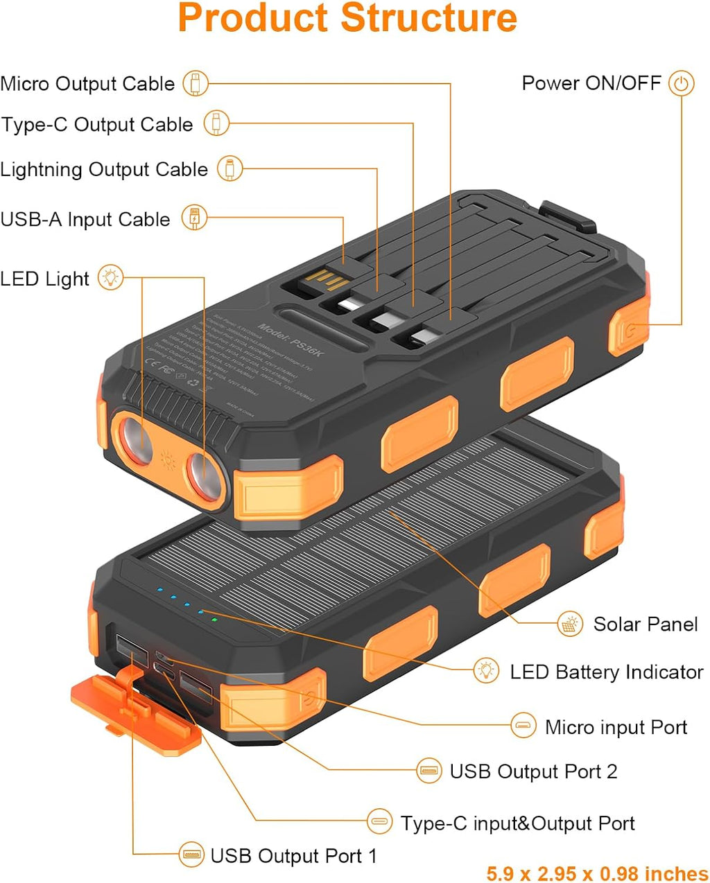 Banco de energía solar de 38800 mAh, cargador portátil, 4 cables, 4...