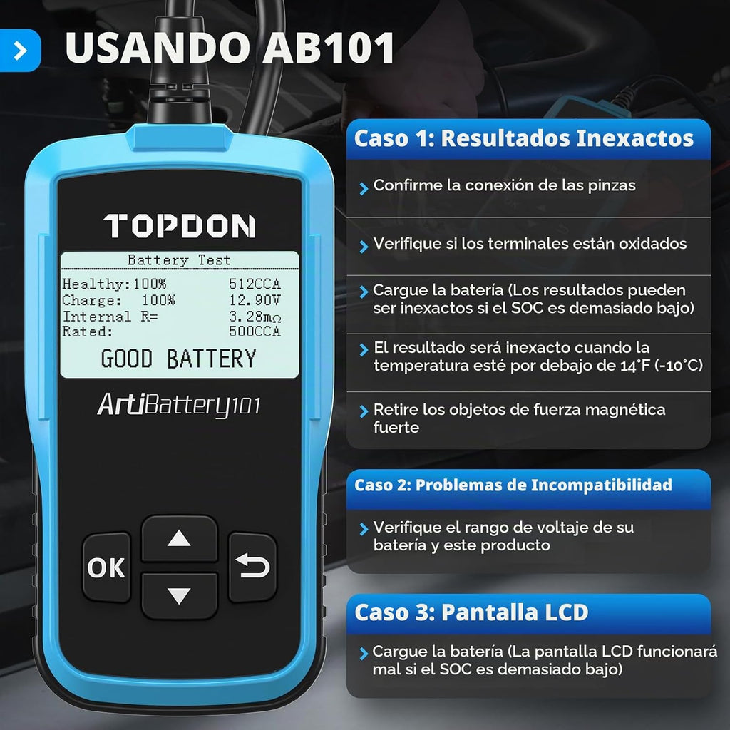TOPDON AB101 Probador de Batería de Coche 12V Probador de Carga de...