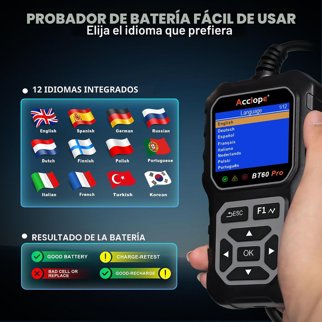 Acclope BT60 Pro Probador de Batería de Coche, Analizador Digital c...