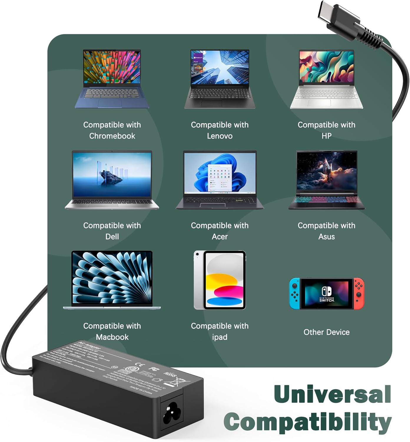 Cargador universal para portátil USB C de 100 W, compatible con Len...