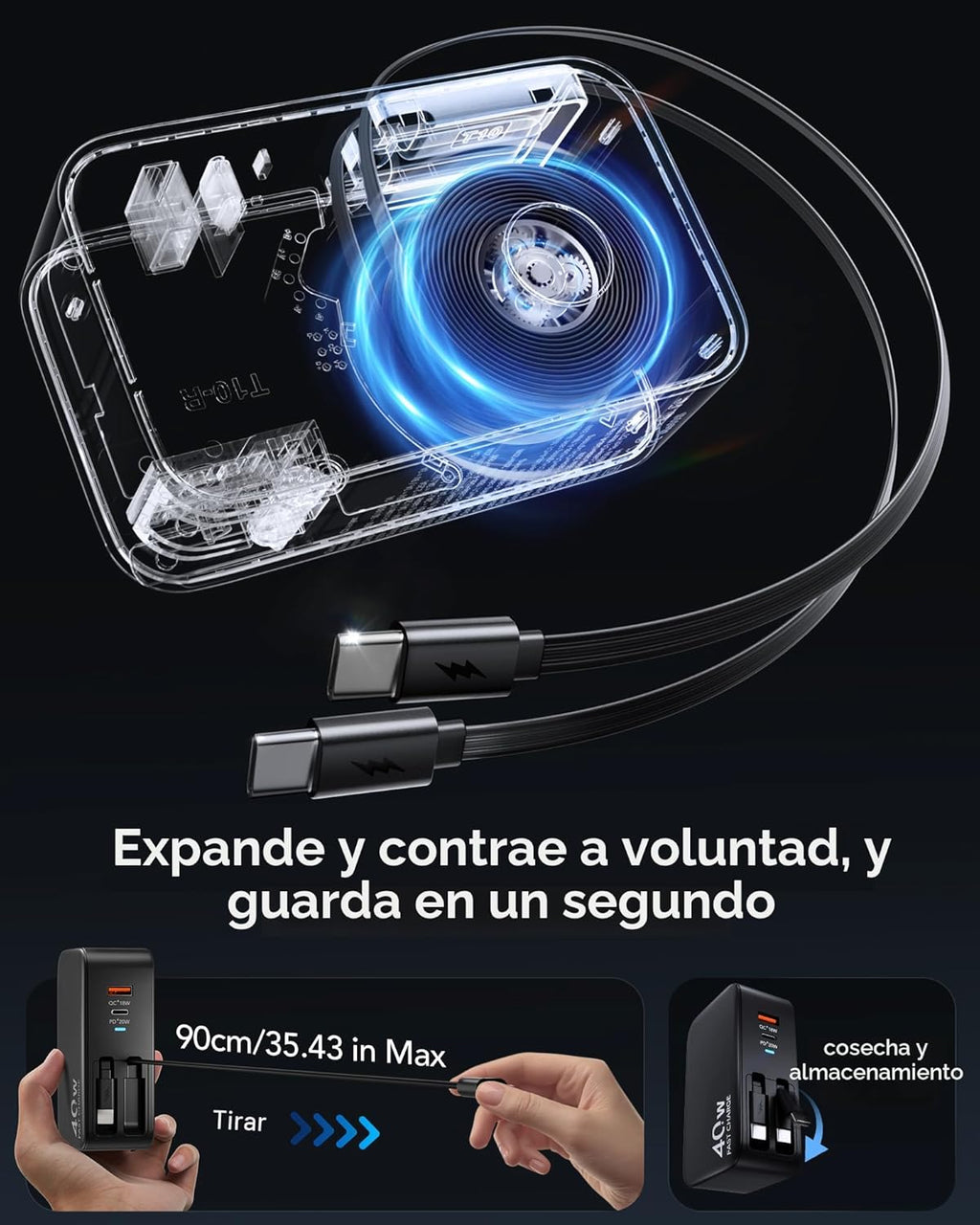Cargador de pared USB C retráctil con enchufe de pared, cables tipo...