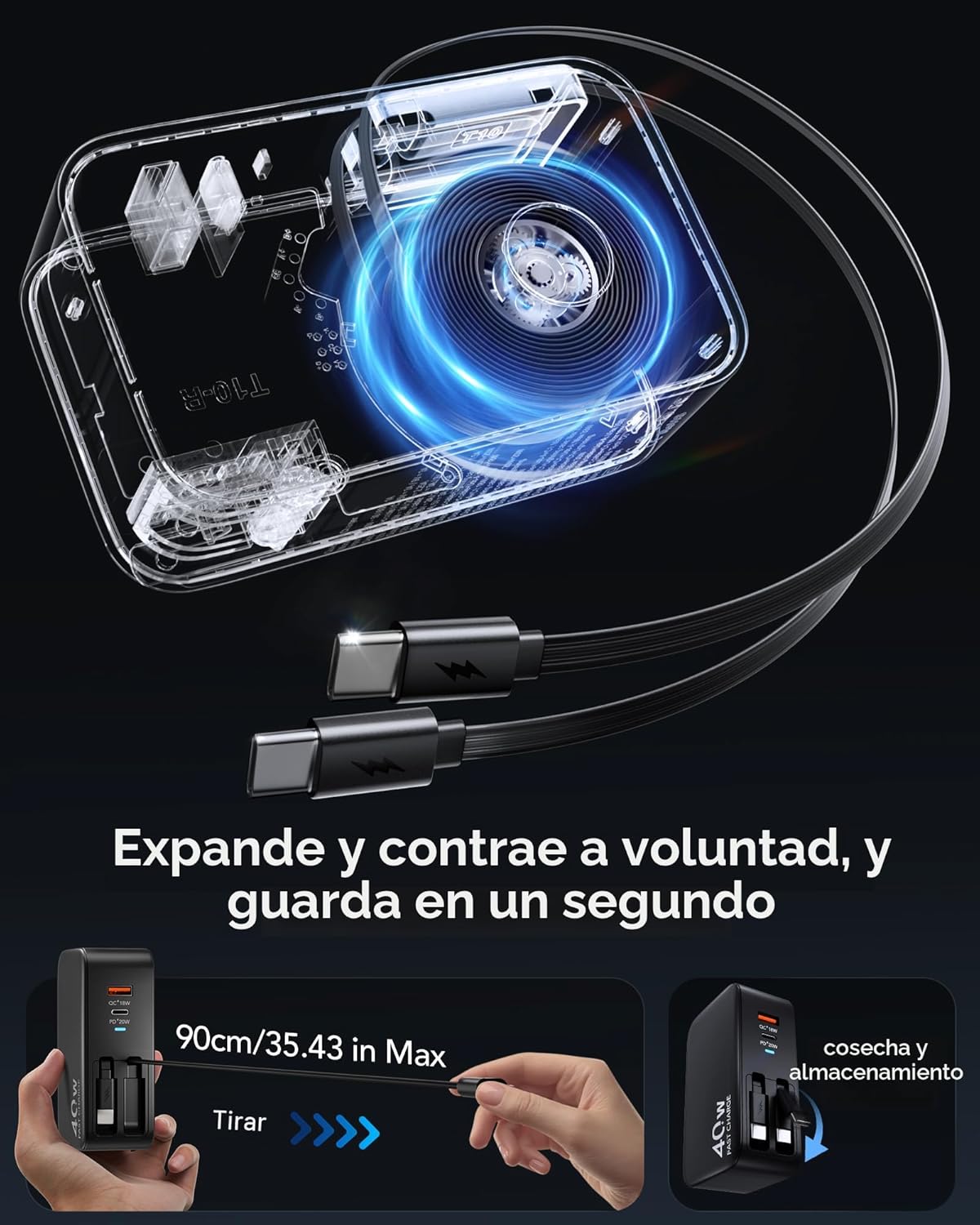 Cargador de pared USB C retráctil con enchufe de pared, cables tipo...