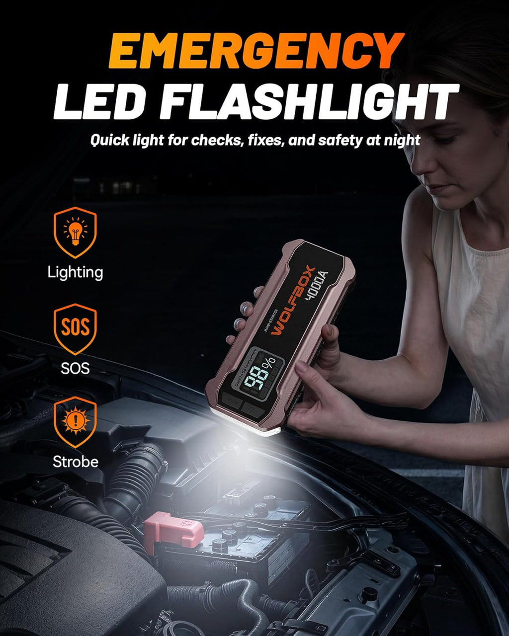 WOLFBOX Arrancador de 4000 A, batería de coche rosa de 12 V portáti...