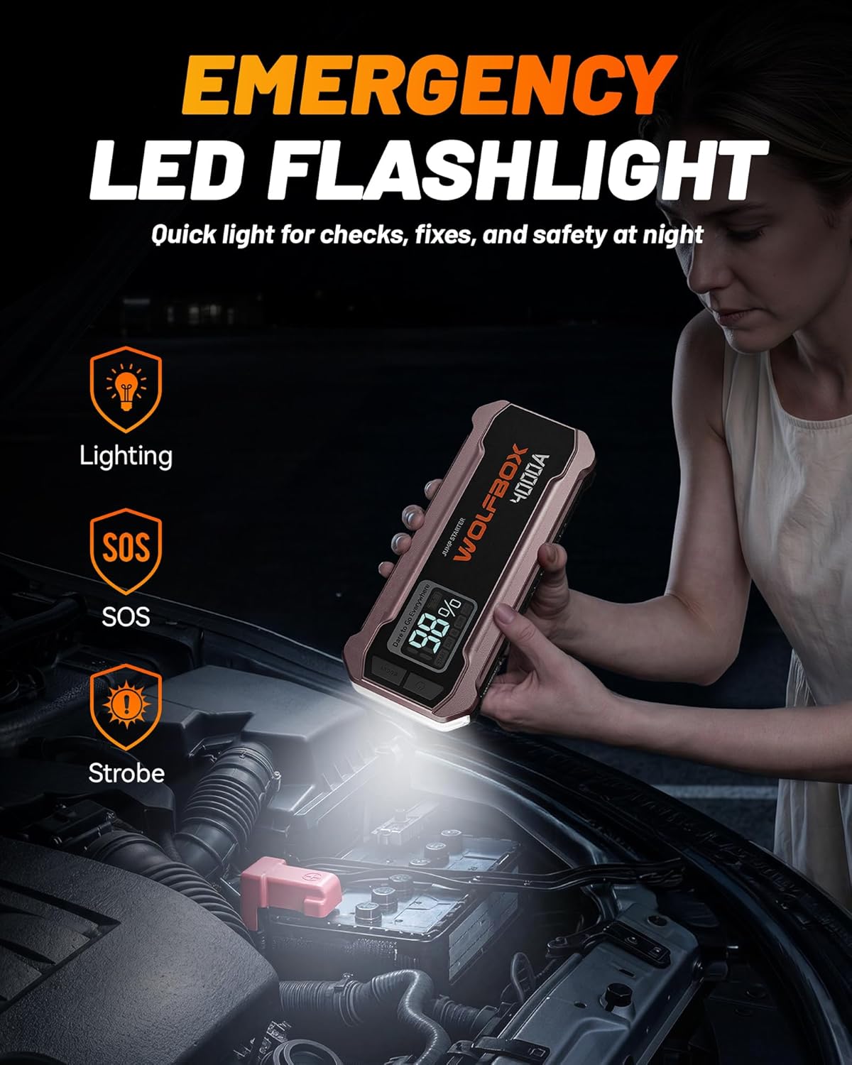 WOLFBOX Arrancador de 4000 A, batería de coche rosa de 12 V portáti...