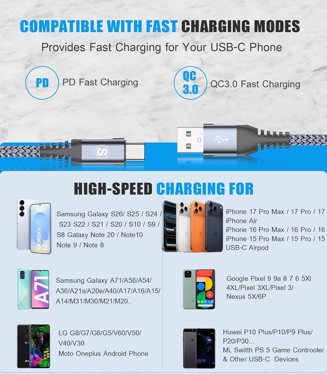 sweguard Cable de carga USB tipo C [3 unidades, 10 pies + 6.6 pies...