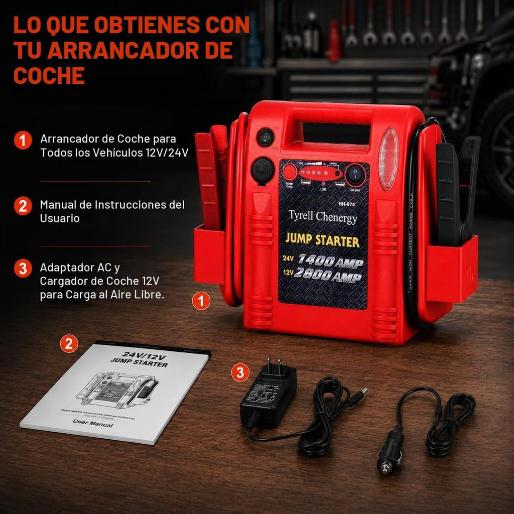 Tyrell Chenergy - Arrancador de batería 12V\/24V, 2800\/1400 pico d...