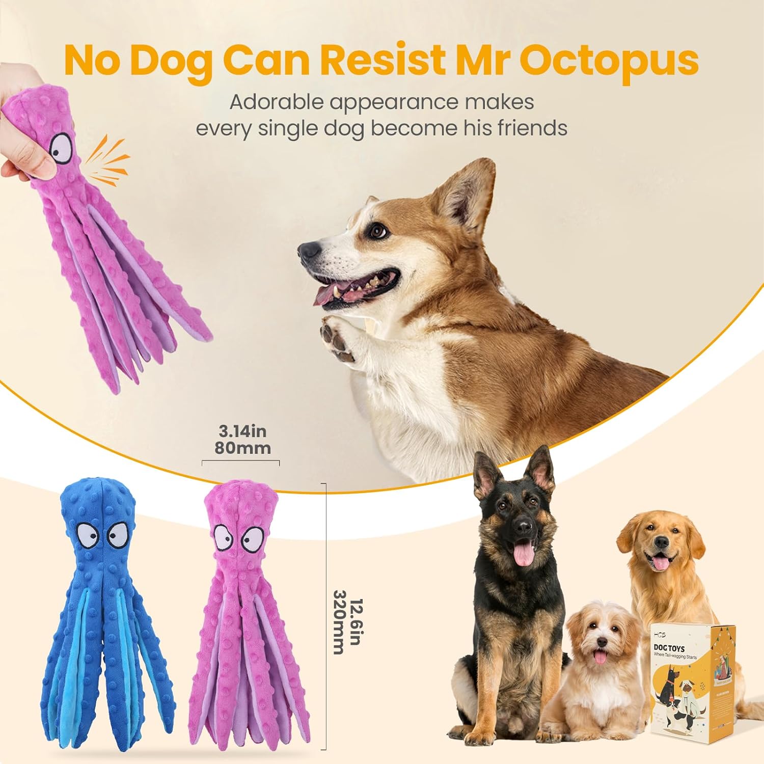 HGB Juguetes chirriantes para perros, pulpo sin relleno, juguetes g...