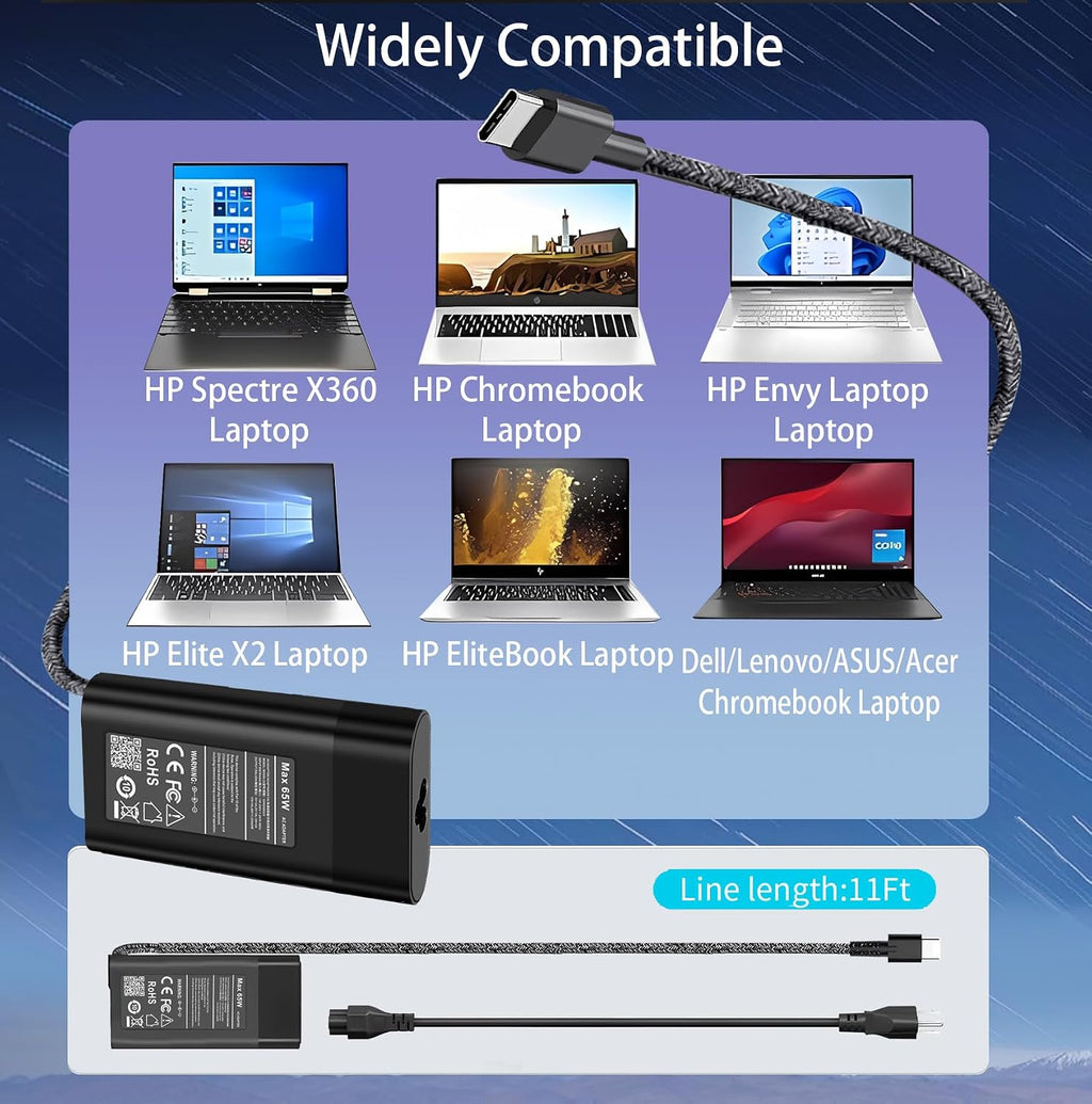 Cargador delgado para portátil HP 65W USB C, repuesto para HP Envy...