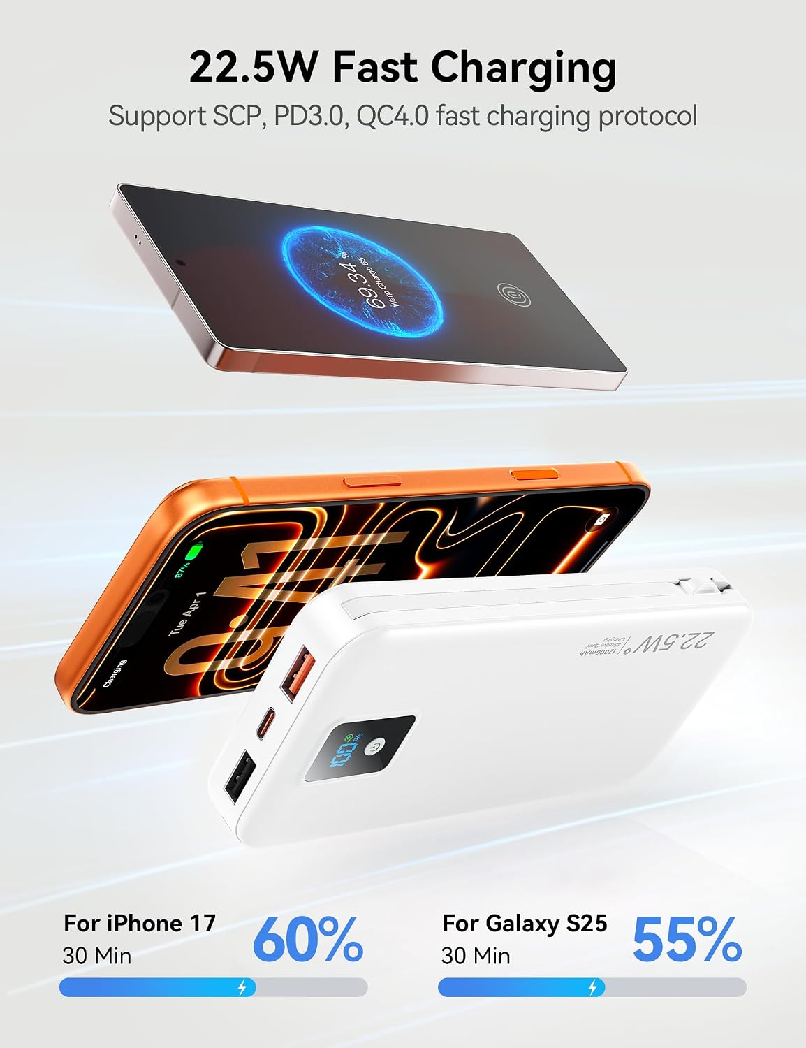 Cargador portátil Rngsnoy 12000mAh 22.5W con cable incorporado y en...