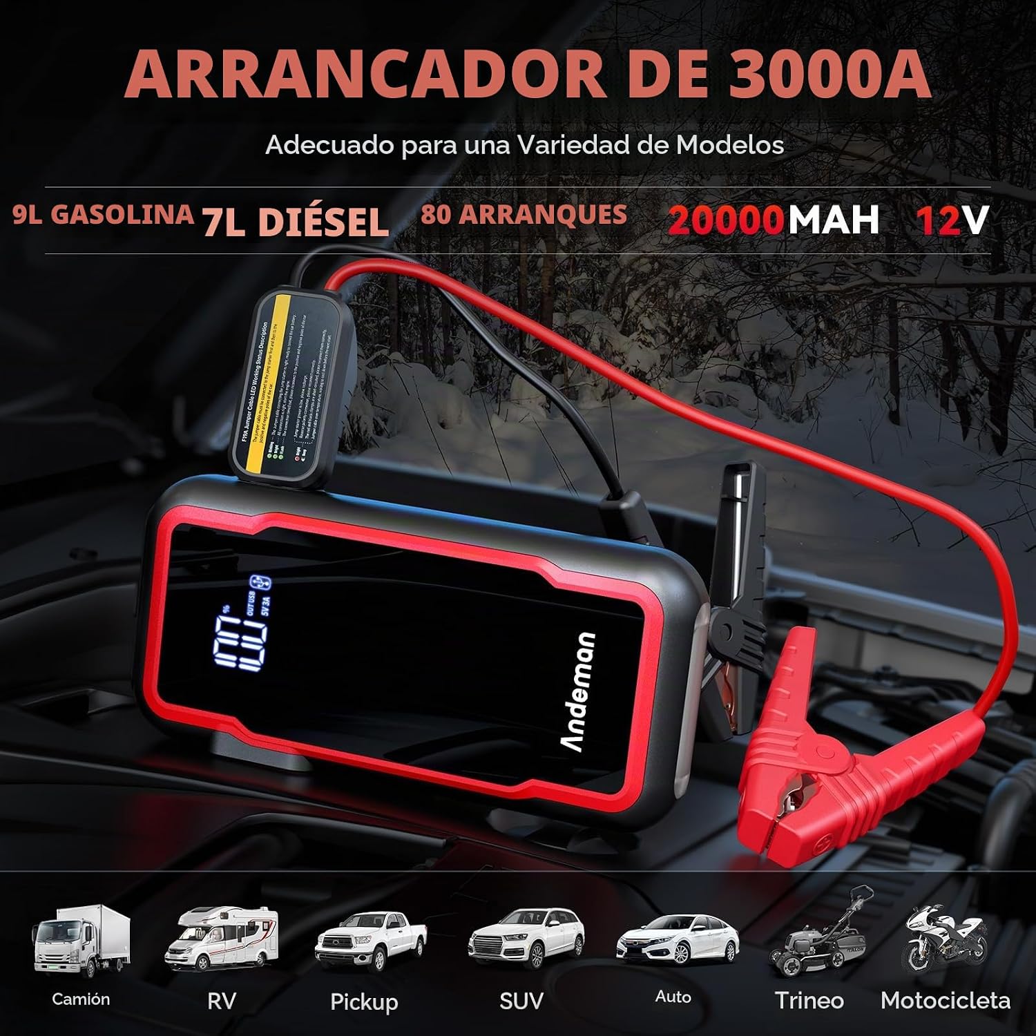 Andeman Arrancador de coche de 3000 A pico de 20000 mAh (arranque m...