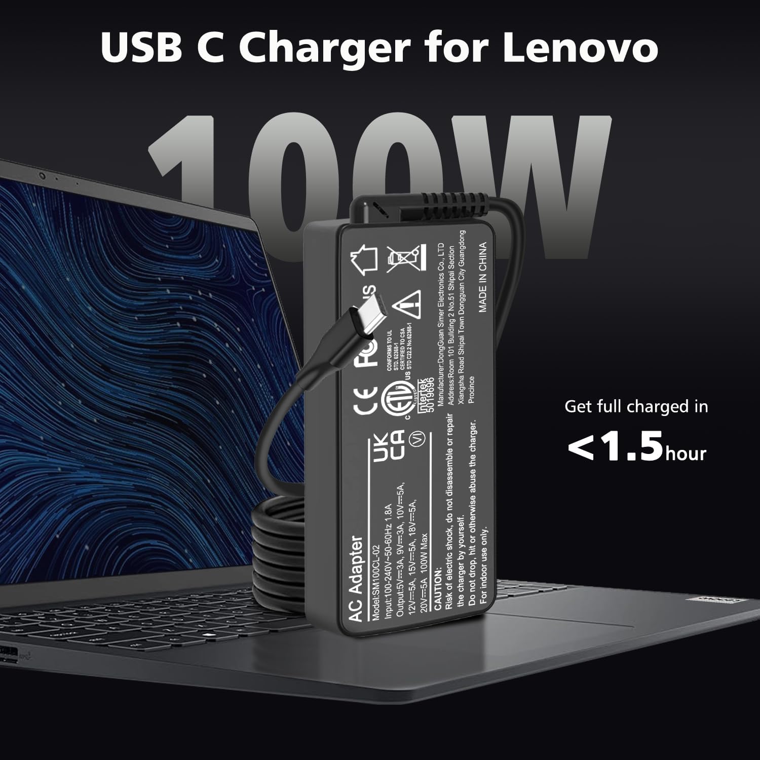 Cargador USB C para laptop, cargador USB C de 100 W, repuesto de ca...