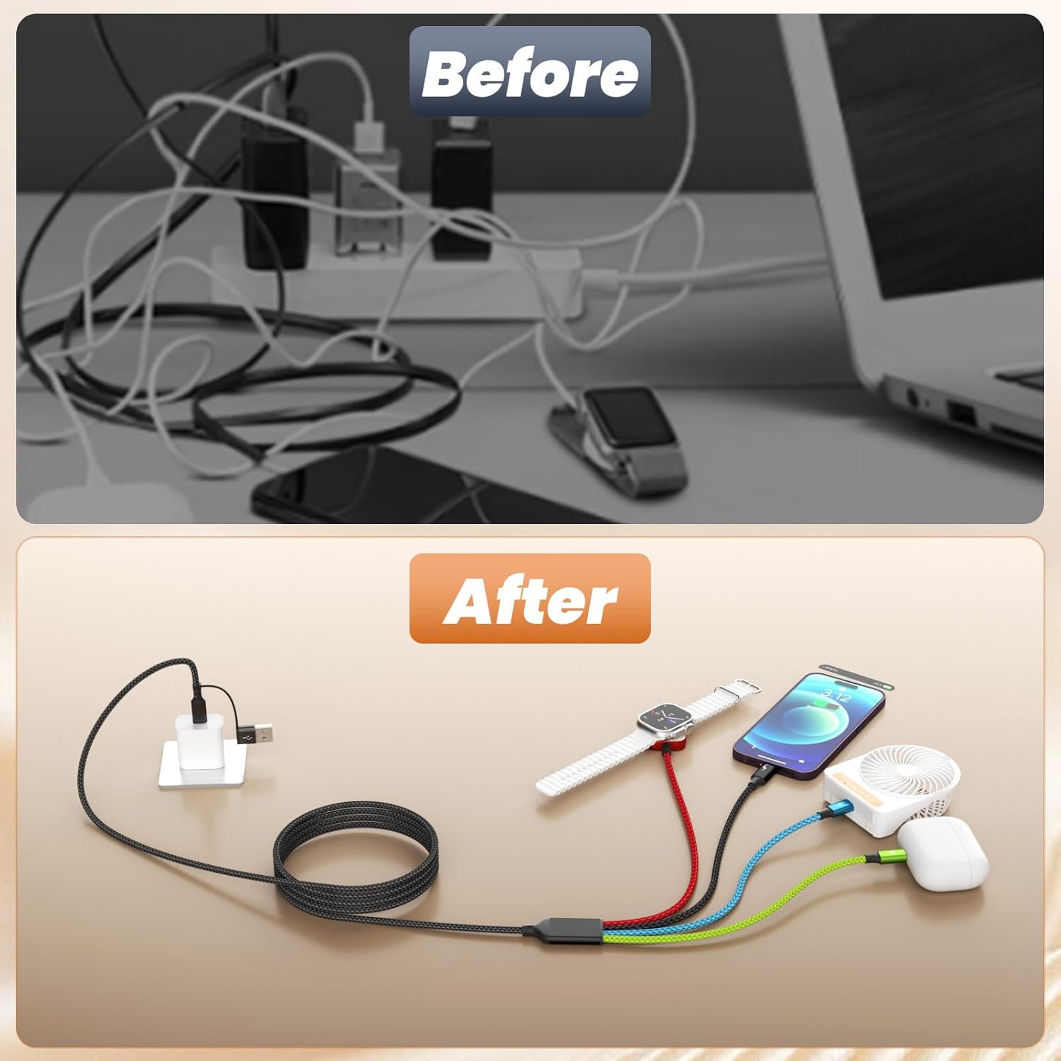Firsting Dual Type-C Port 4 in 2 Multi Charging Cable for iWatch, T...