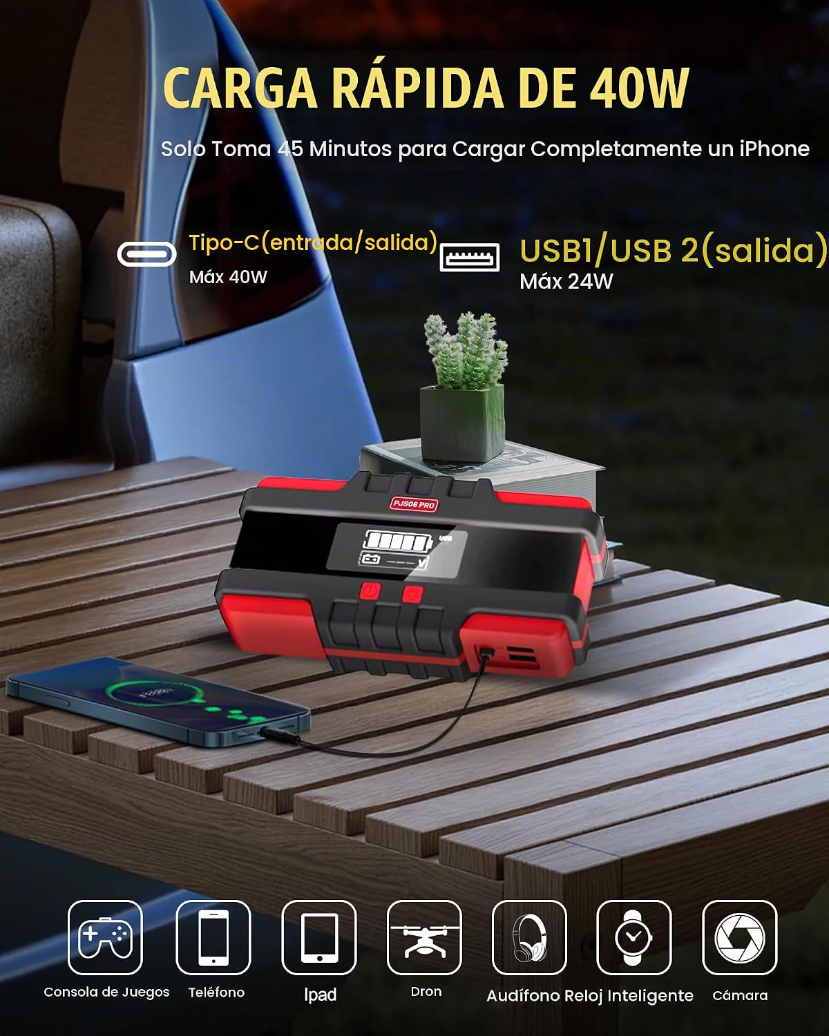 PJS06 Pro 6000A Arrancador de Coche (Todo Gas y Diésel de 12L), Ban...