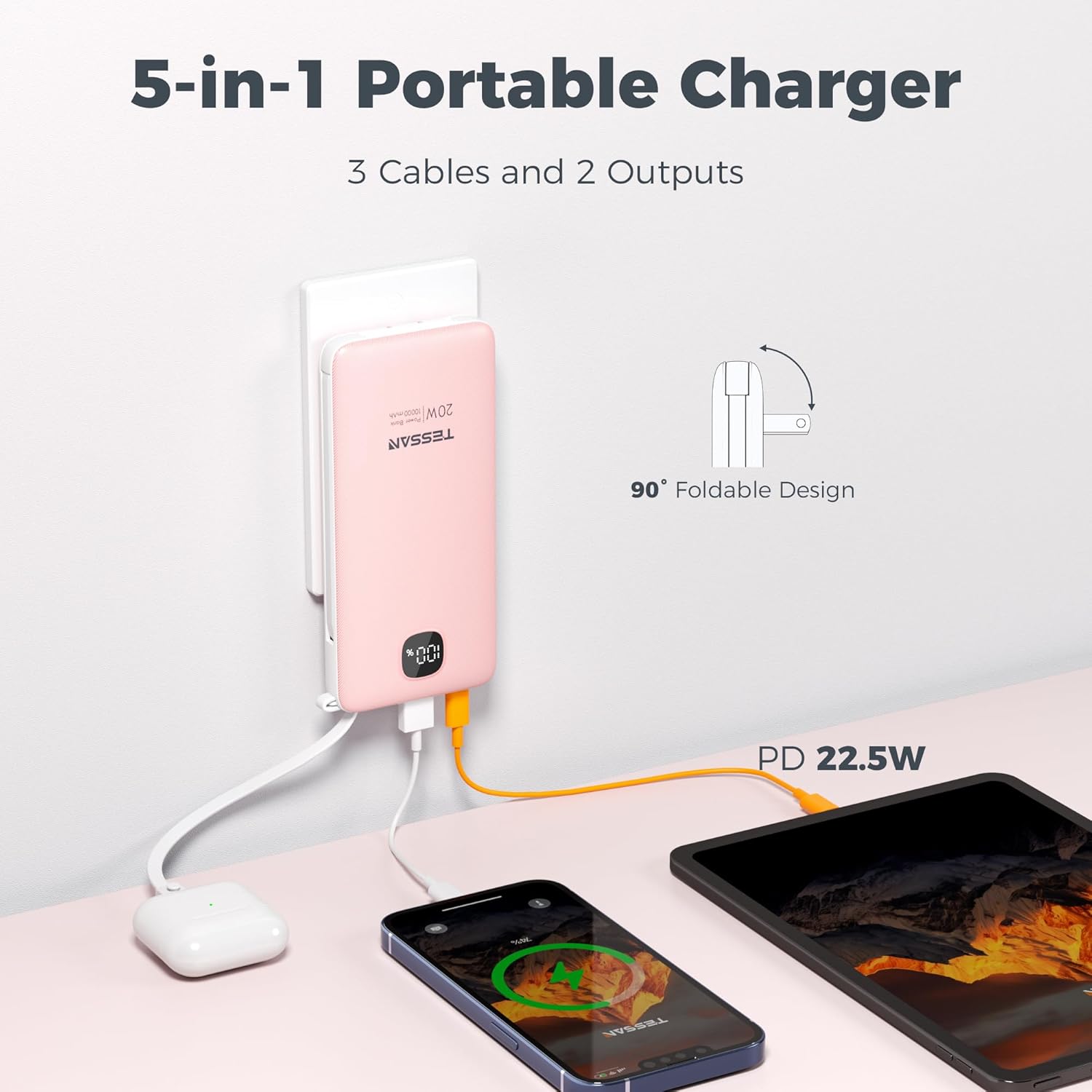 Cargador portátil con cables integrados, cargador de batería TESSAN...