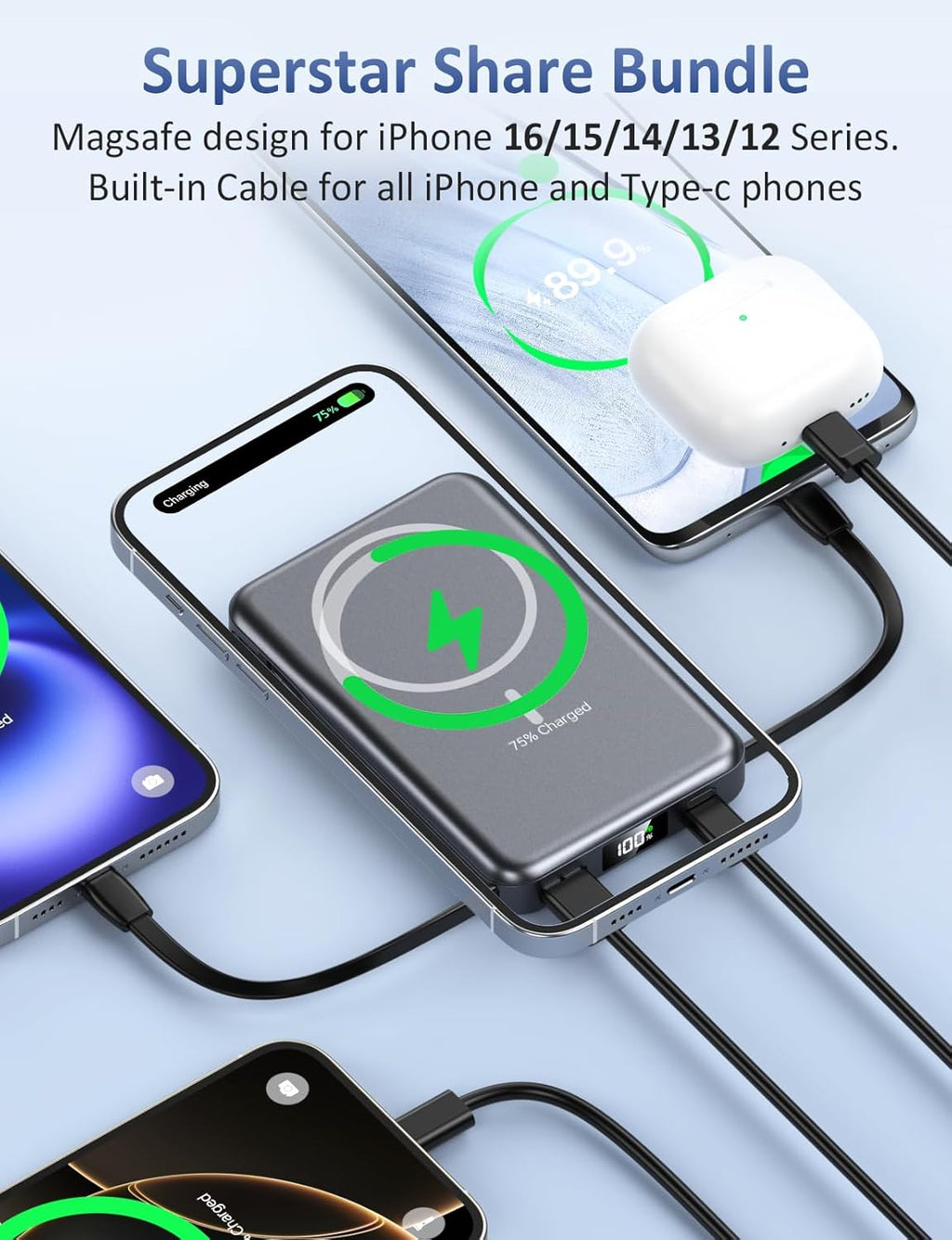 Cargador portátil magnético, banco de energía de 10000 mAh, cargado...