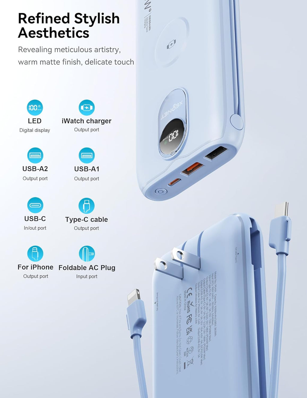 Cargador Portátil XEGNER 10000mAh 20W, Enchufe de Pared, 2 Cables,...
