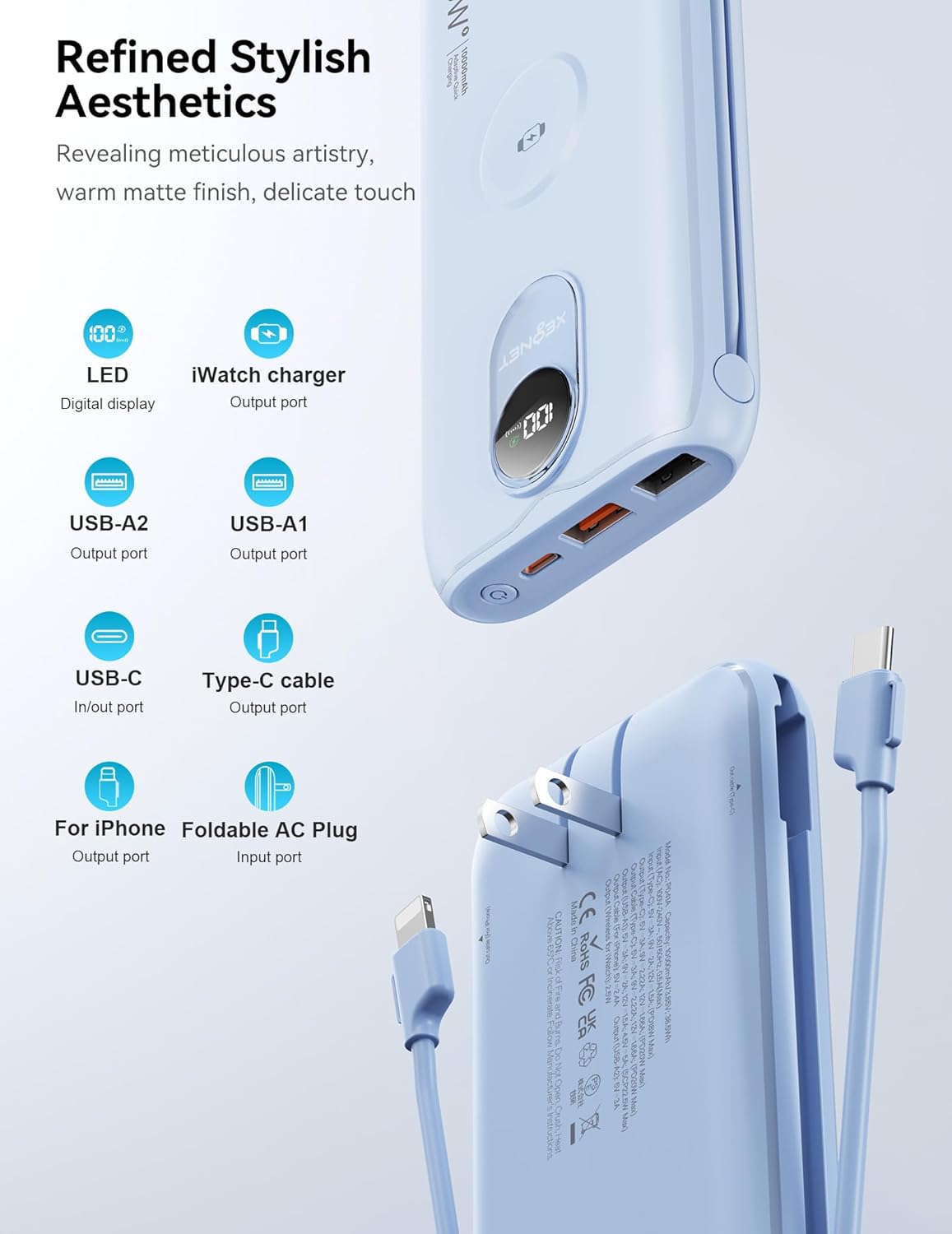Cargador Portátil XEGNER 10000mAh 20W, Enchufe de Pared, 2 Cables,...