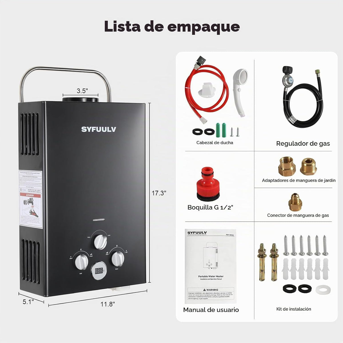 Syfuulv Calentador de agua de propano sin tanque, 1.58GPM 6L al air...