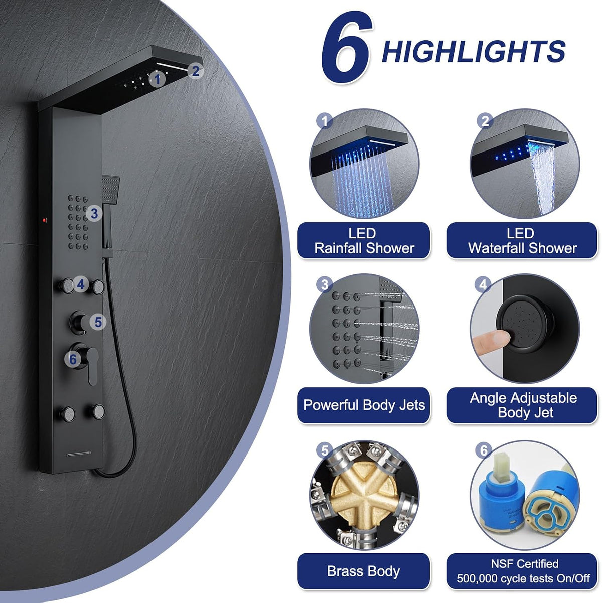 ROVATE Panel de ducha LED 5 en 1, color negro mate | Torre de ducha...