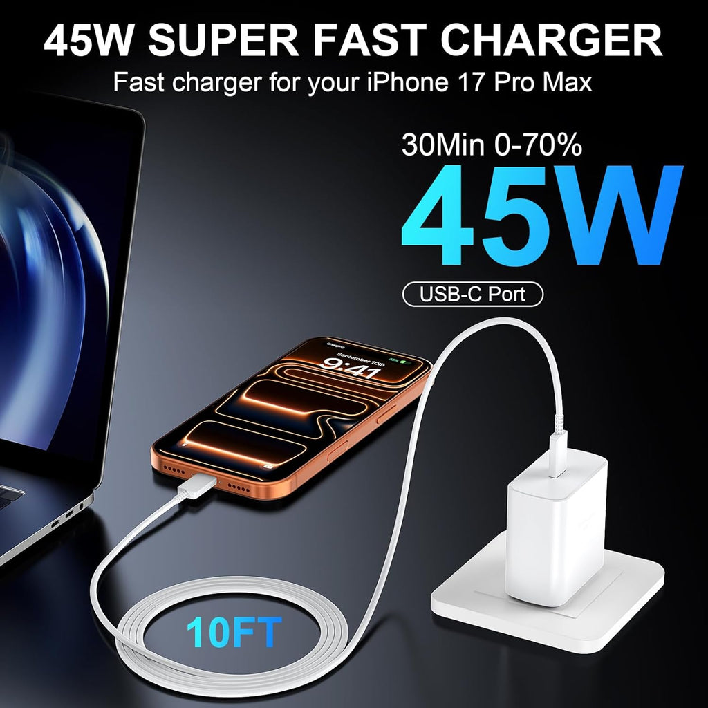 Cargador para iPhone 17 16 Pro Max de carga rápida, 45 W USB C iPho...