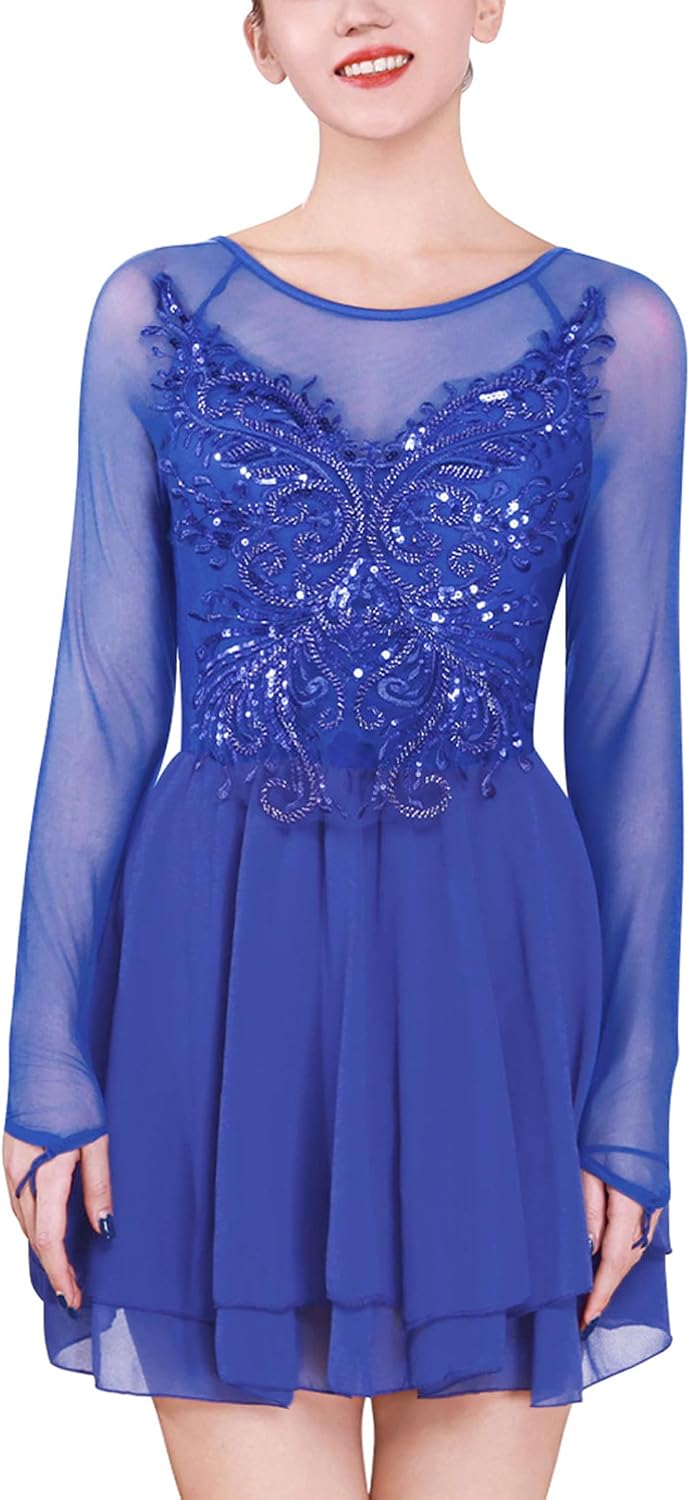 ODASDO Vestido de patinaje artístico para mujer, malla de manga lar...