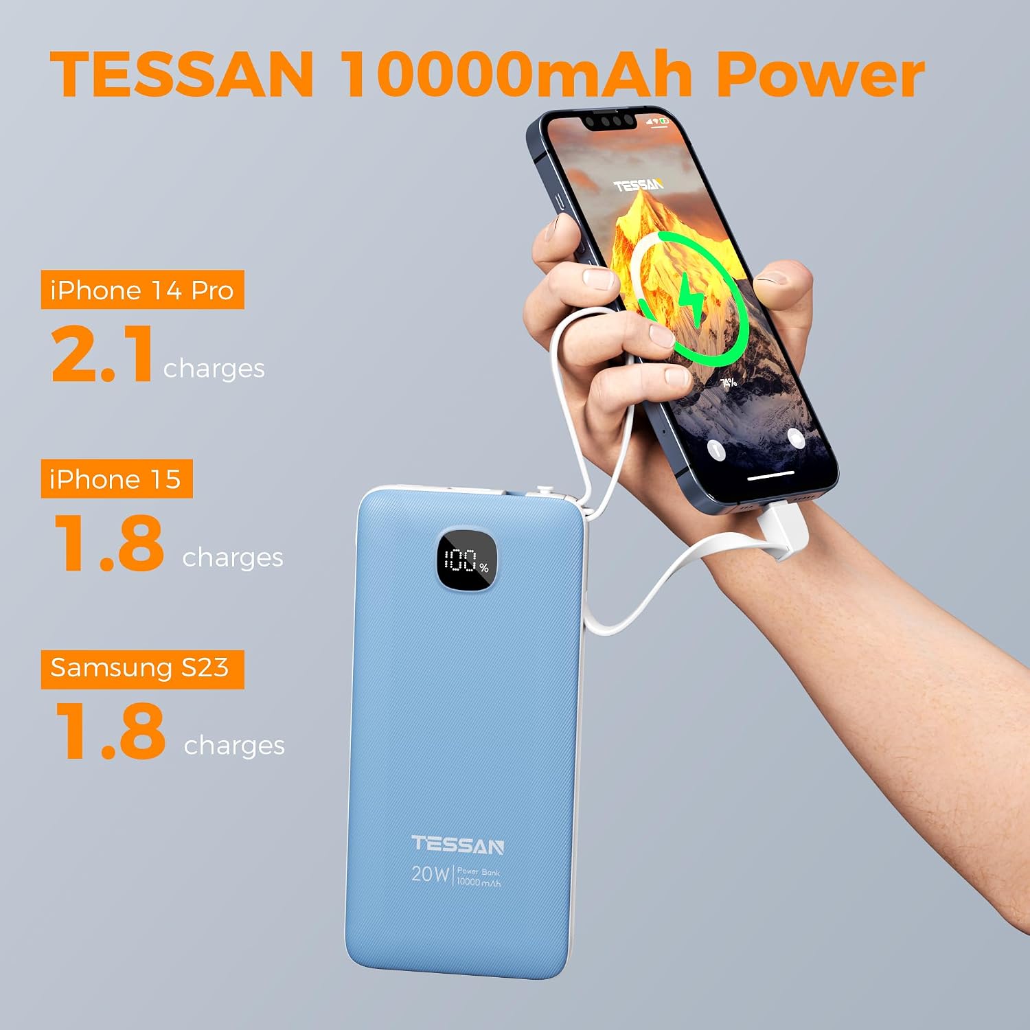 TESSAN Cargador portátil con cables integrados, cargador de batería...