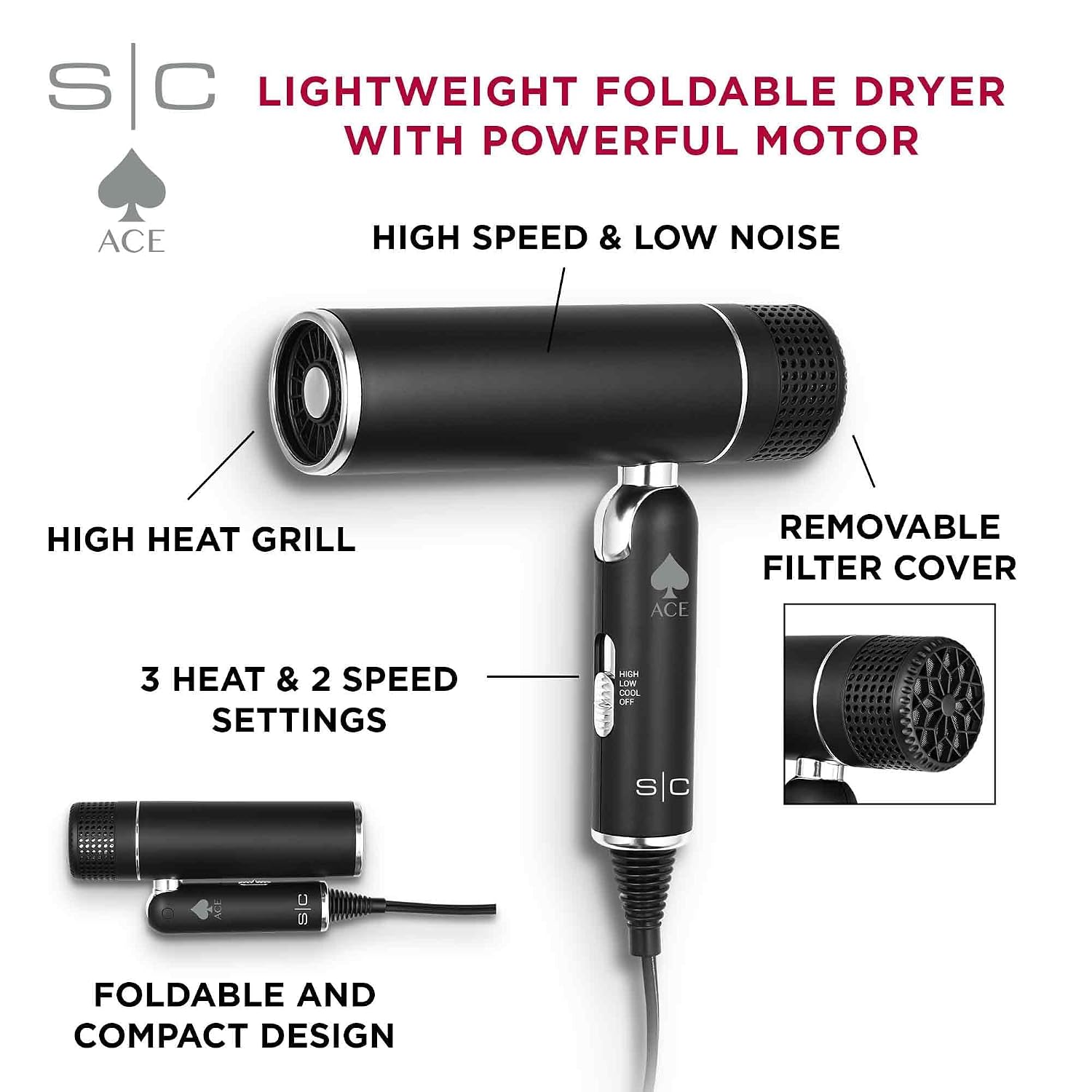 StyleCraft Secador de pelo ligero plegable Ace con potente motor co...