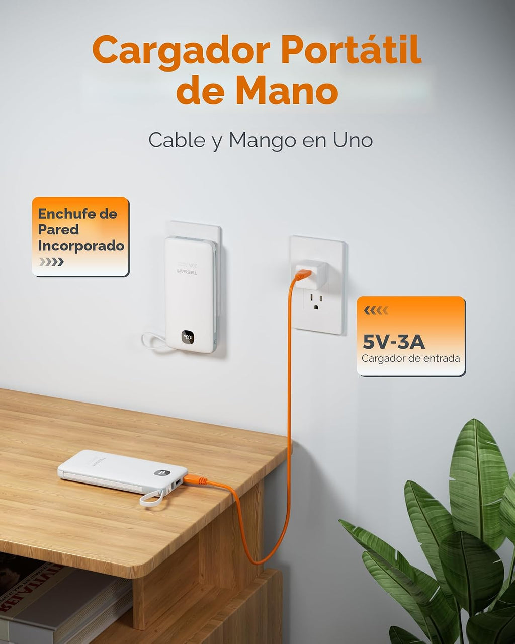 Cargador portátil con cables integrados, cargador de batería TESSAN...