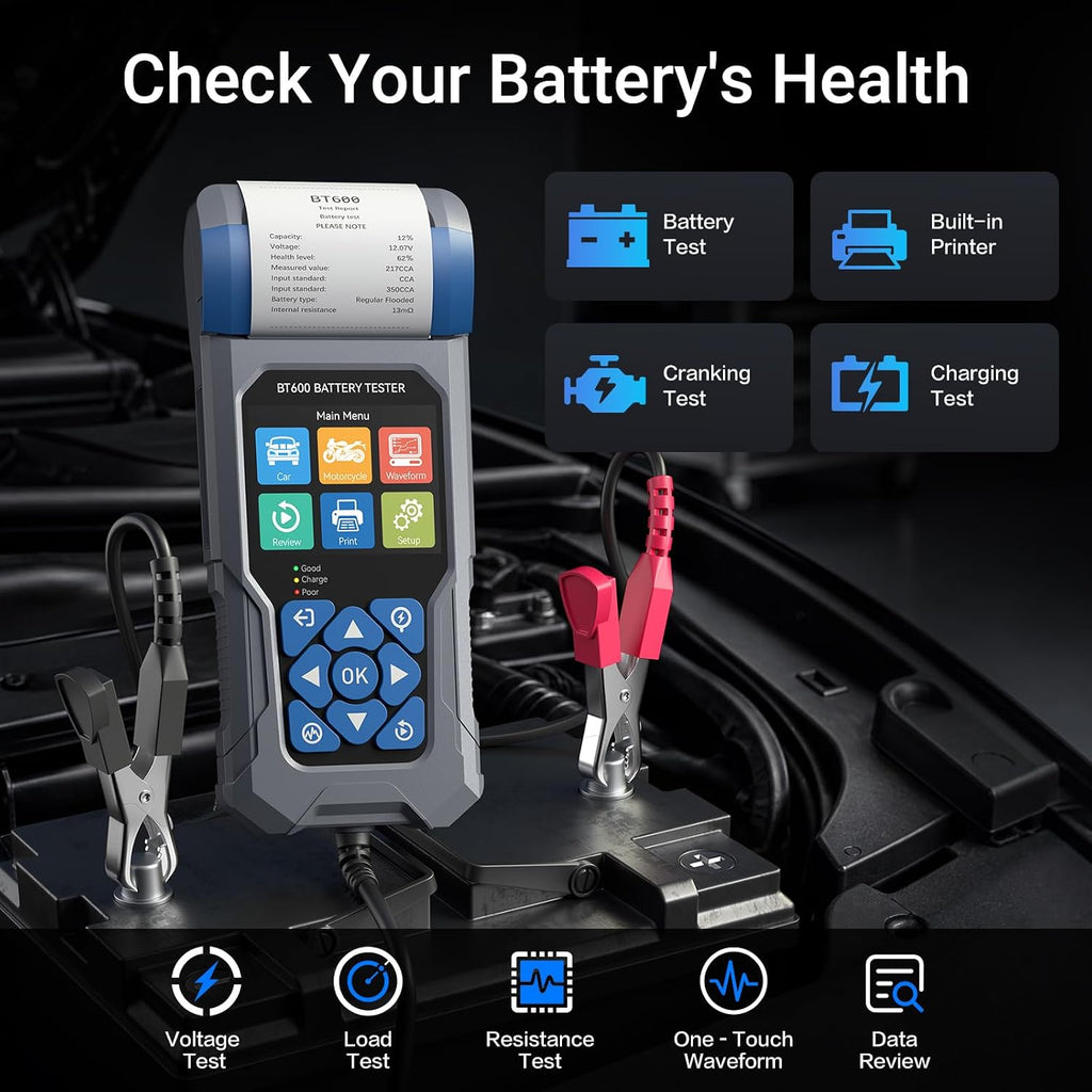 Probador de batería de coche con impresora VDIAGTOOL BT600, 6 V 12...
