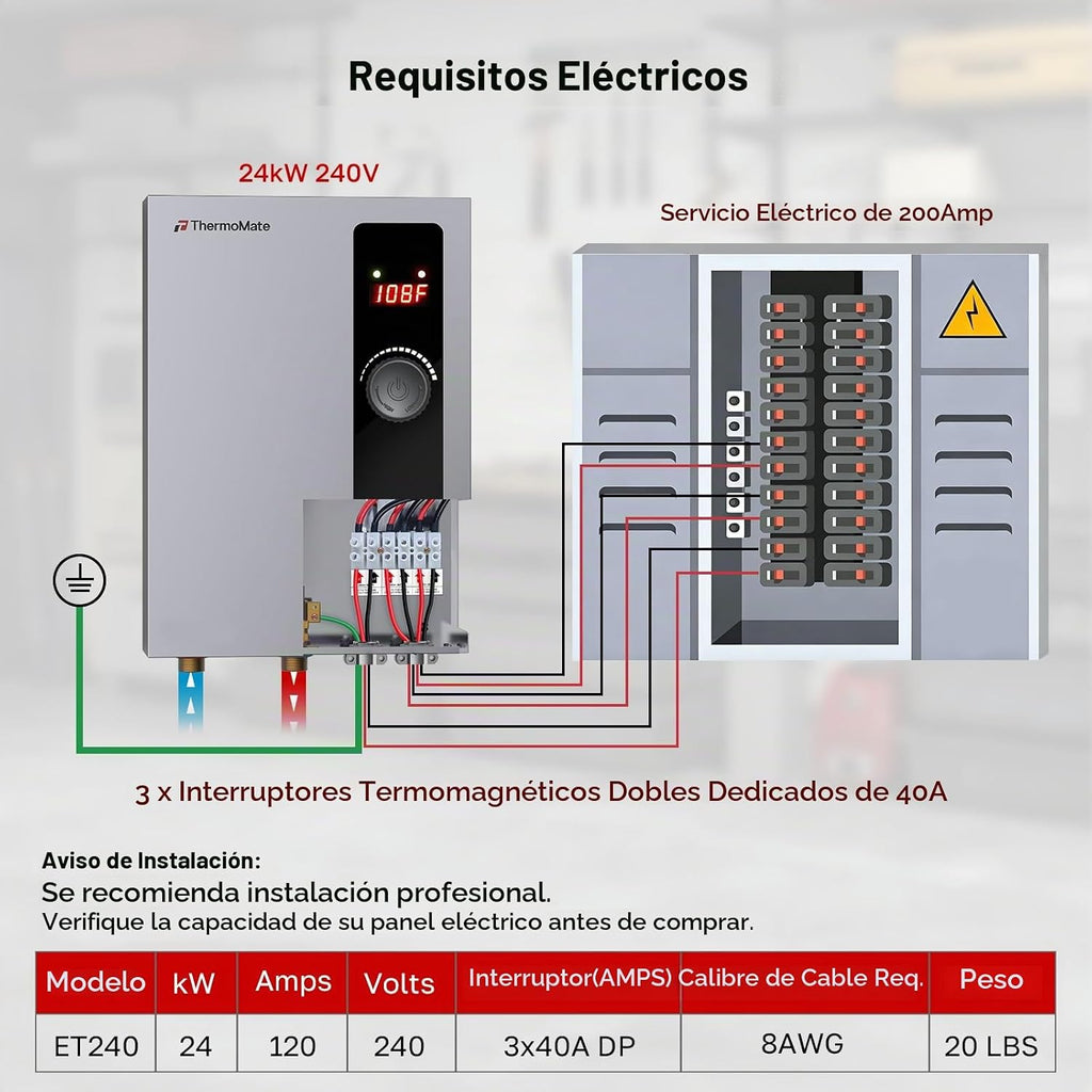 Calentador de agua sin tanque eléctrico de 24kW 208~240 voltios, Th...