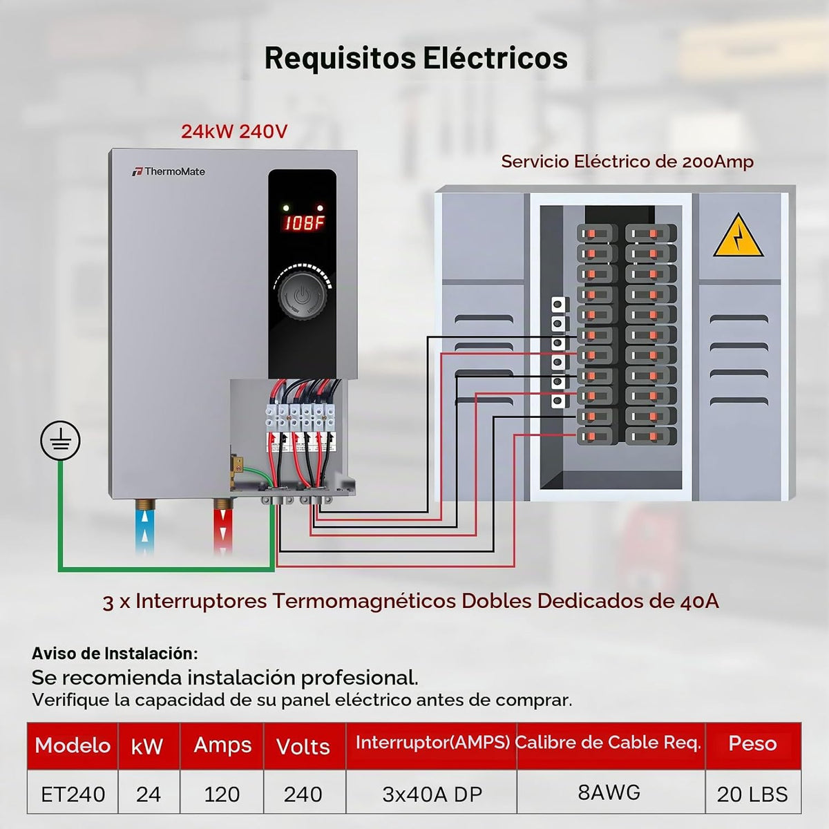 Calentador de agua sin tanque eléctrico de 24kW 208~240 voltios, Th...