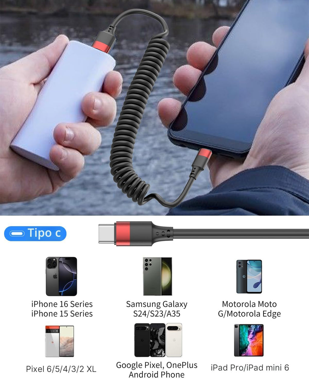 2 unidades de cable USB C enrollado, cable de carga rápida USB a US...