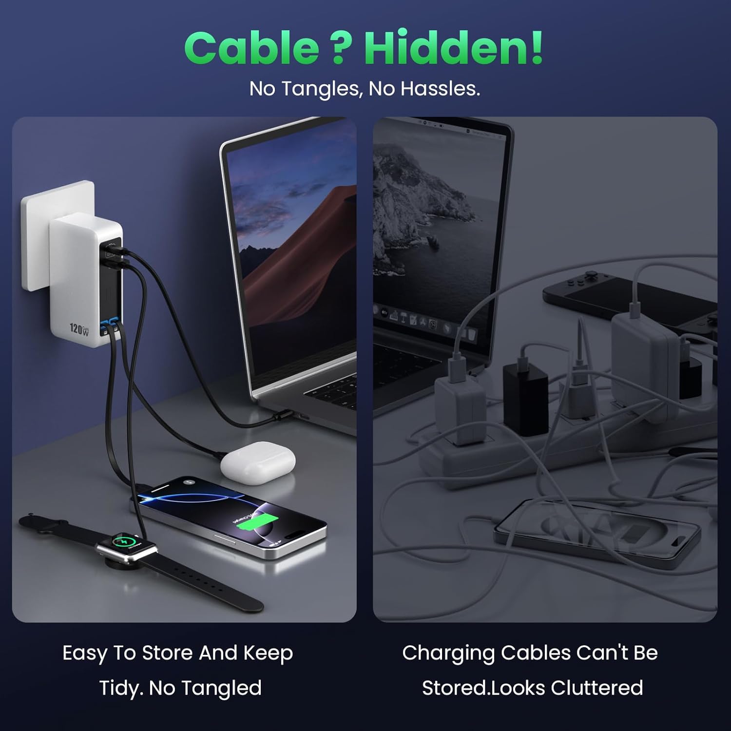 Bloque de cargador USB C de 120W con 2 cables retráctiles integrado...