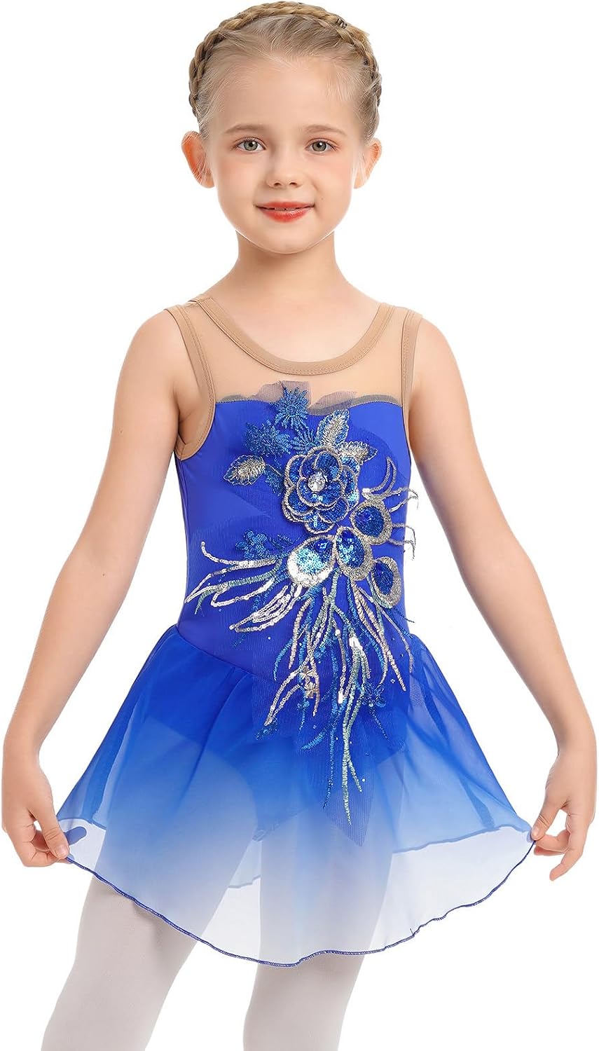 Vestido de patinaje artístico para niñas - Leotardo de malla con fl...