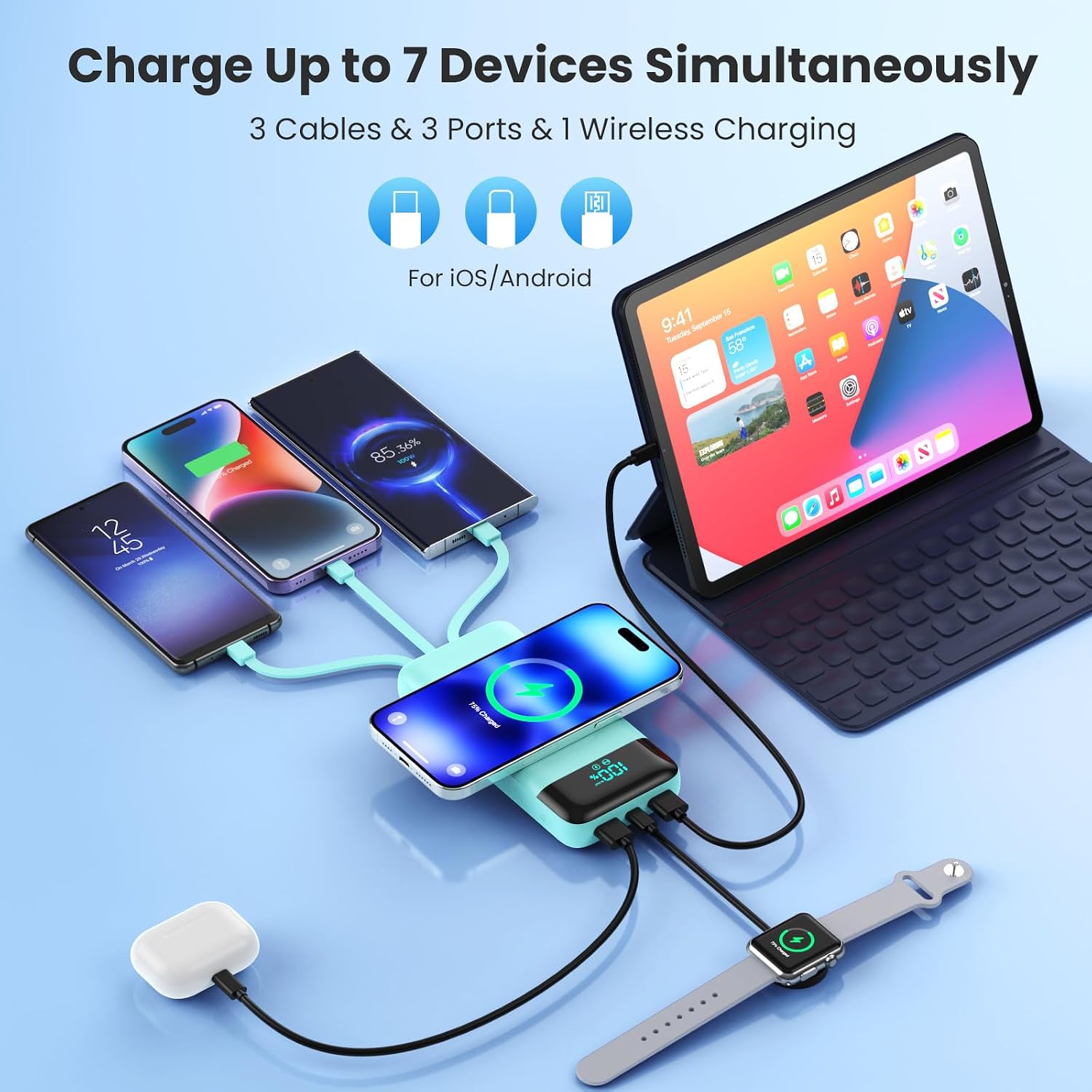 Cargador Portátil Inalámbrico de 40800mAh para iPhone con 3 Cables...