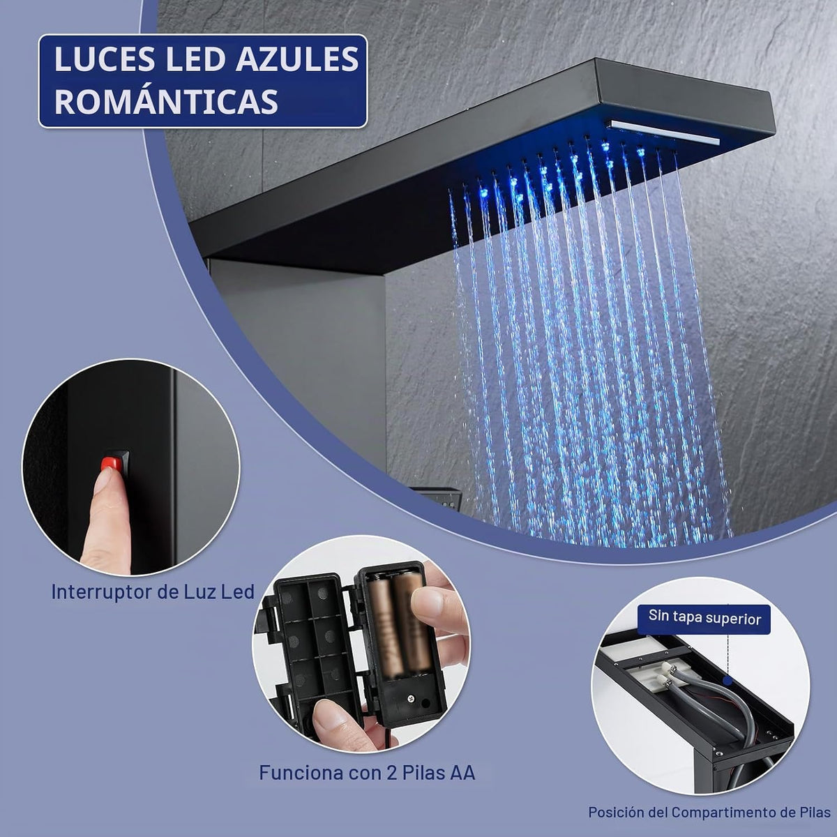 ROVATE Panel de ducha LED 5 en 1, color negro mate | Torre de ducha...