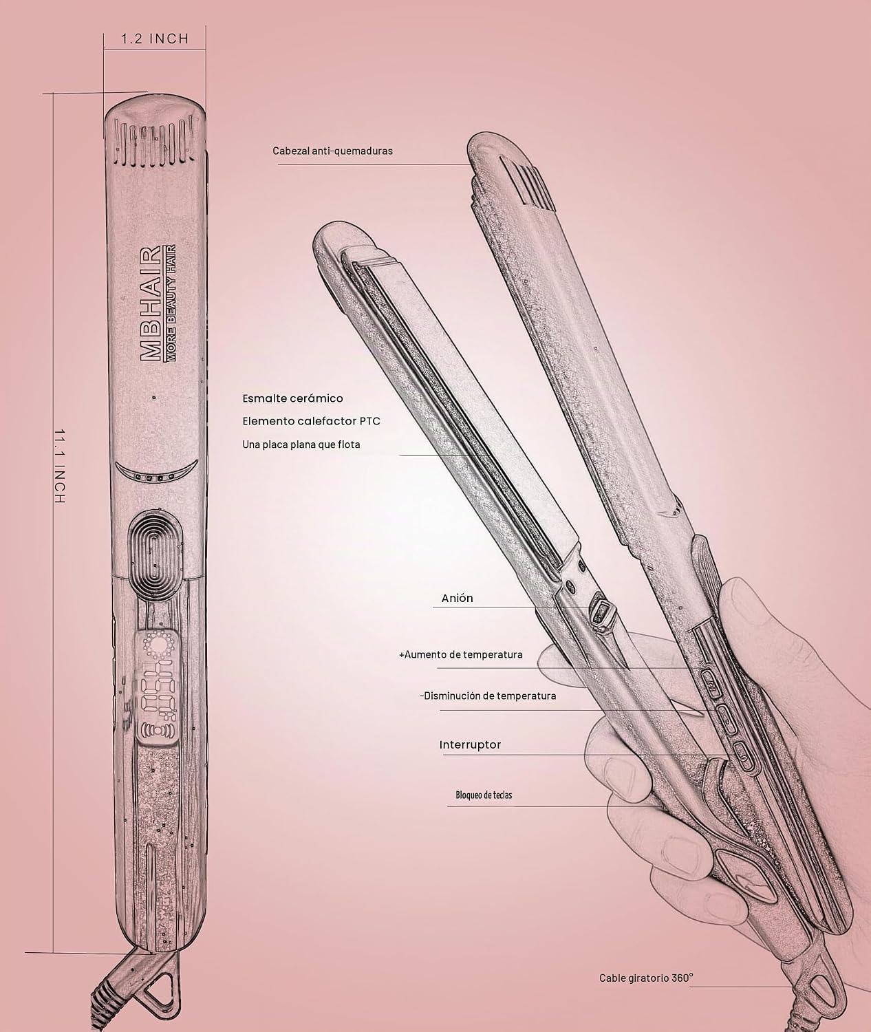 Rizador alisador de pelo de hierro plano MBHAIR 2 en 1, cerámica 1\...