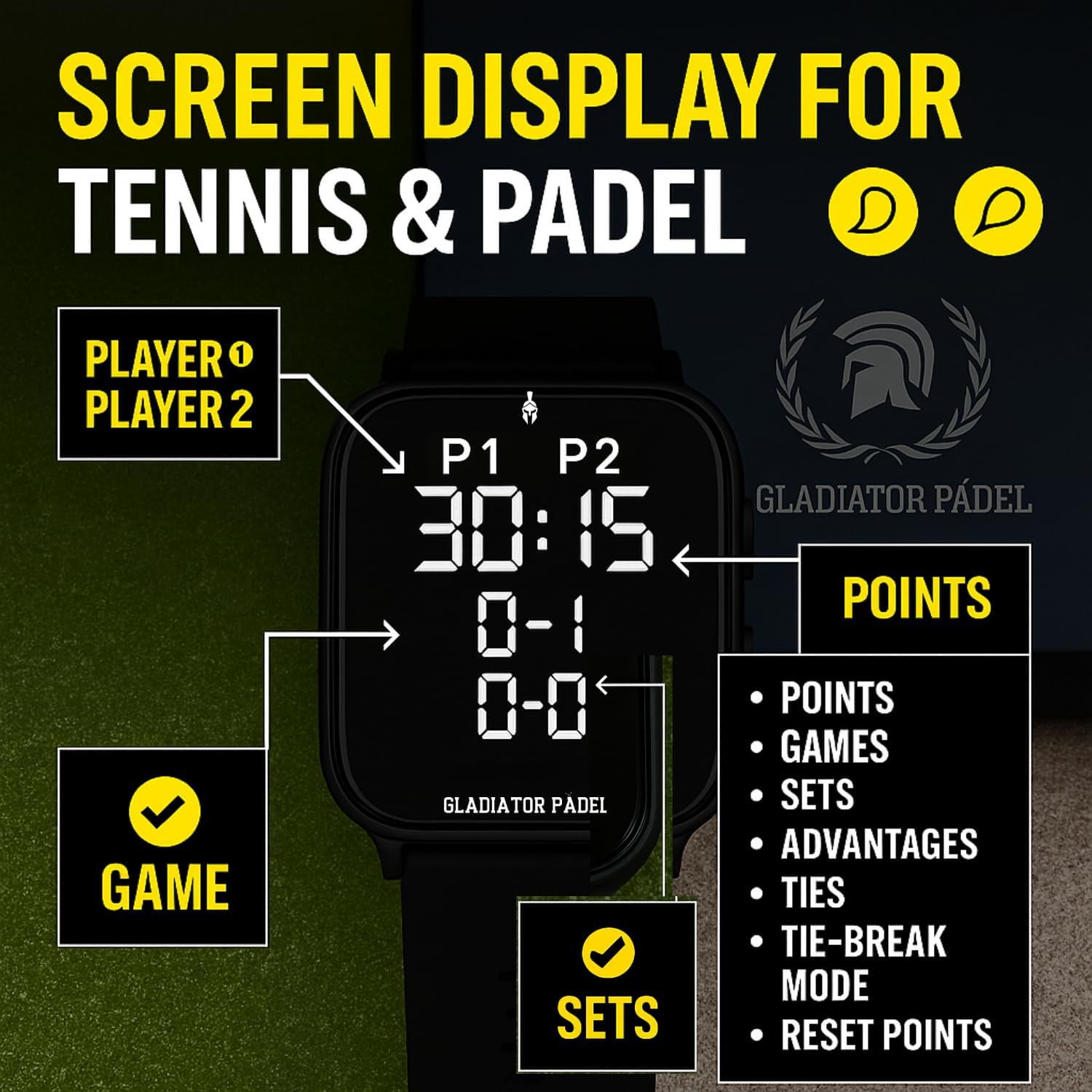 GLADIATOR PADEL Score Keeper Reloj para pickleball, tenis, pádel y...