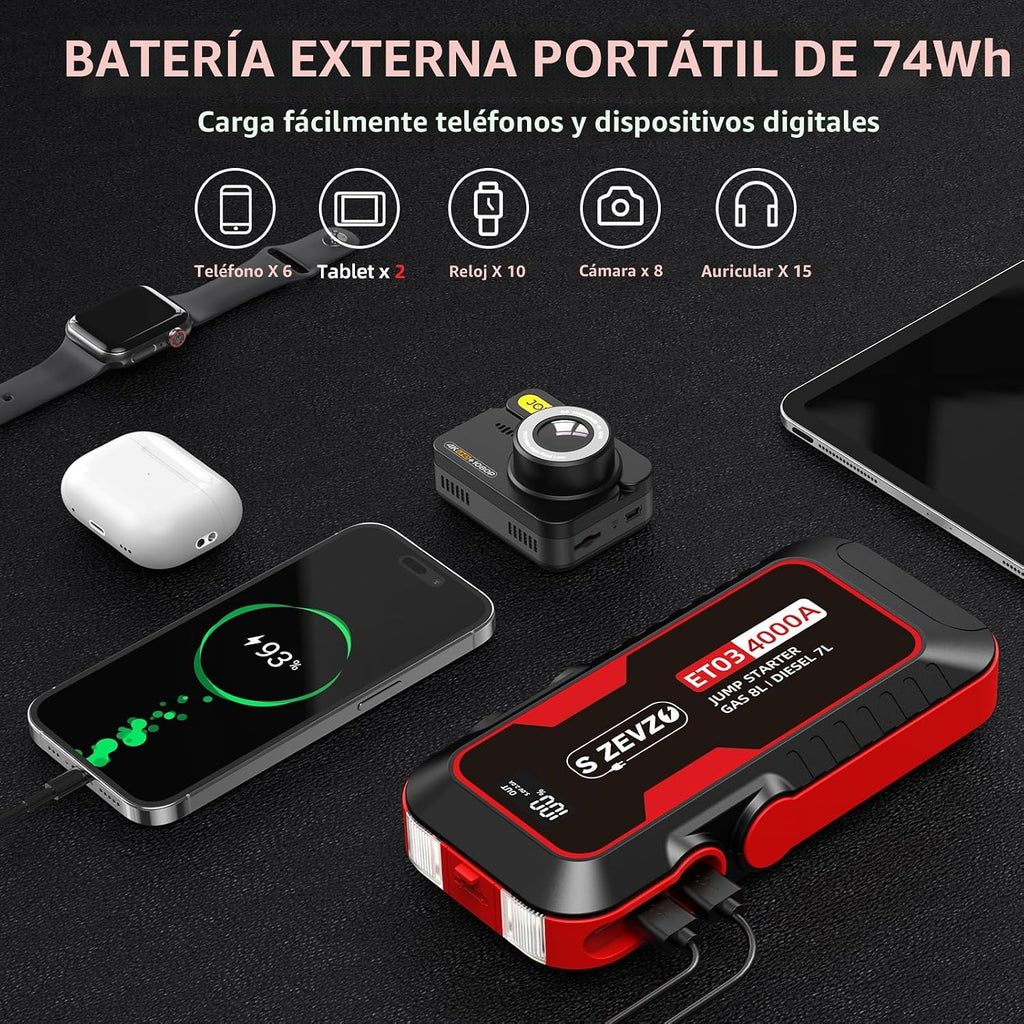 S ZEVZO ET03 Arrancador de Coche 4000 A, Paquete de Batería de Arra...
