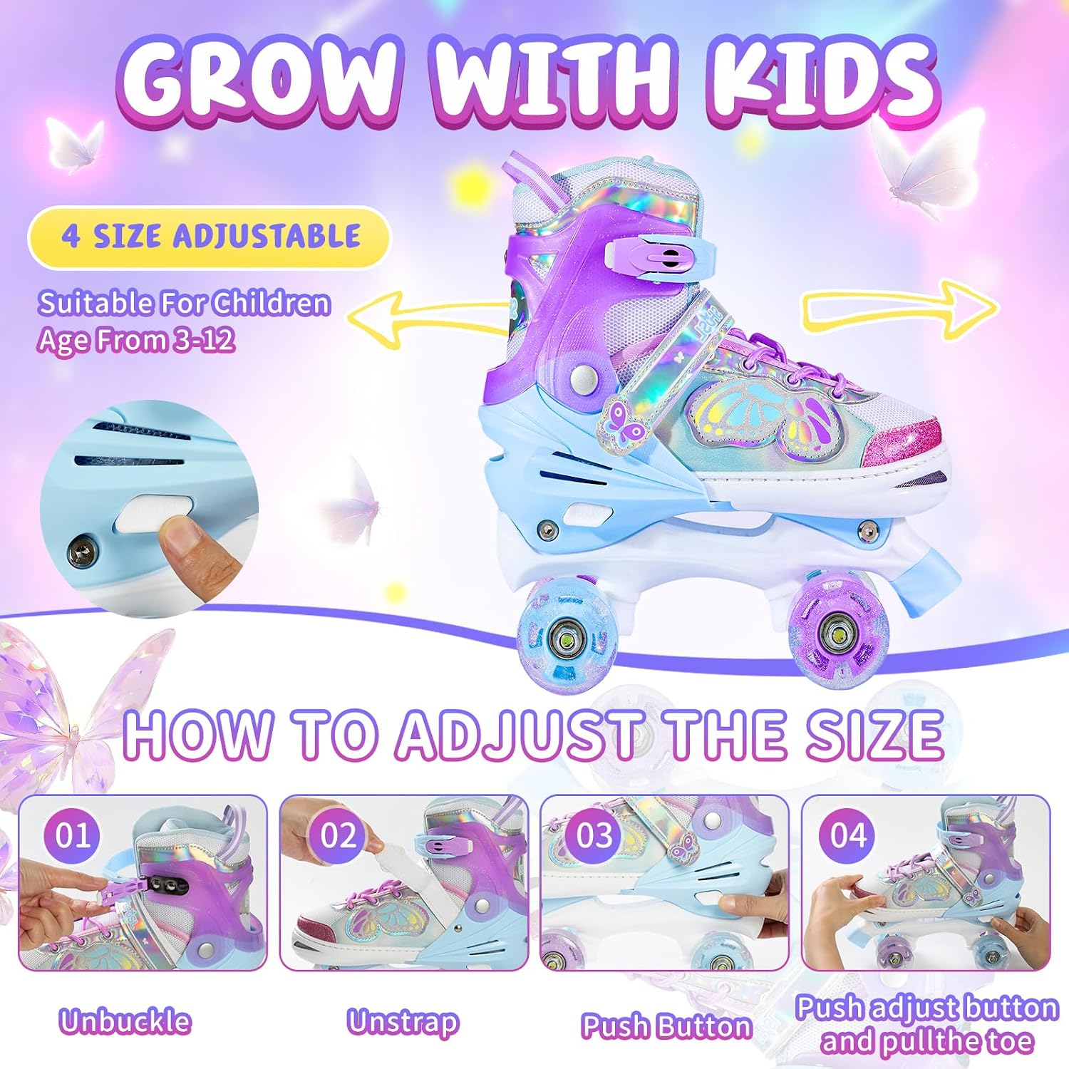 SHDSL Kids Roller Skates for Girls Boys, 4 Sizes Adjustable Butterf...