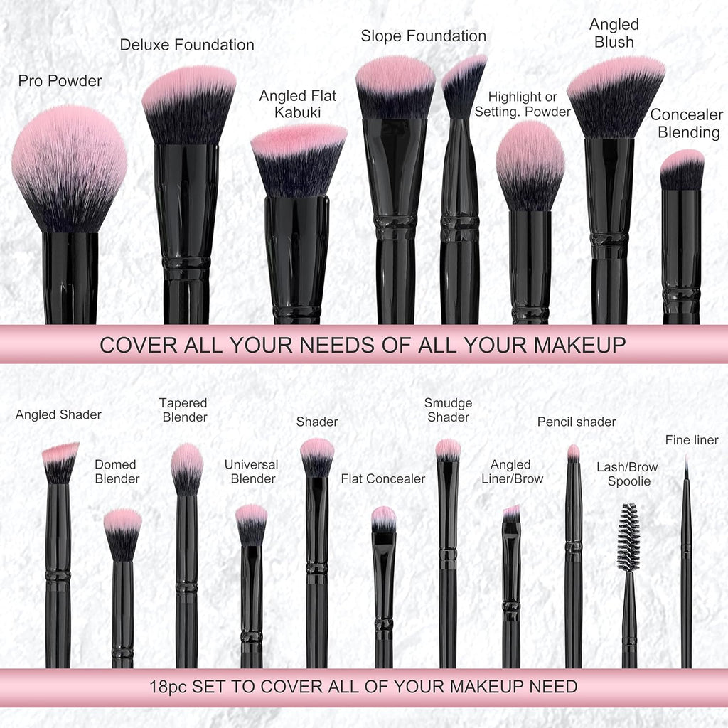 Bueart Design Juego de 18 brochas de maquillaje Pro Deluxe, color r...