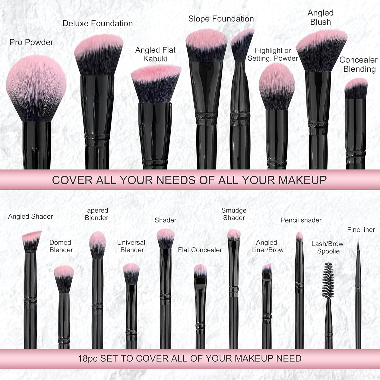 Bueart Design Juego de 18 brochas de maquillaje Pro Deluxe, color r...